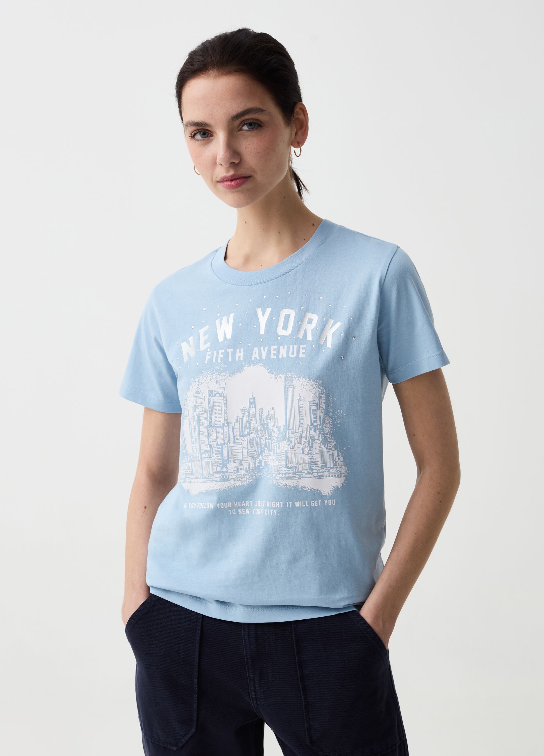 T-shirt stampa New York skyline con strass