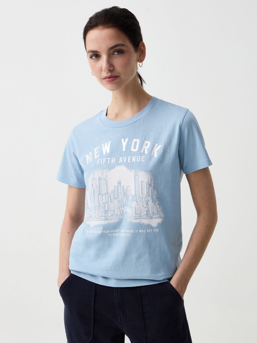 T-shirt stampa New York skyline con strass_0