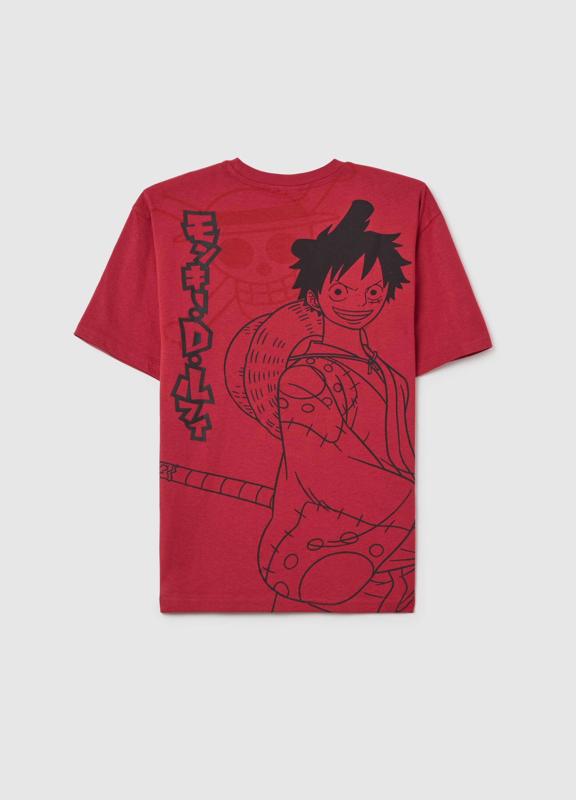 T-shirt da bambino in puro cotone rossa con stampa di Monkey D. Luffy