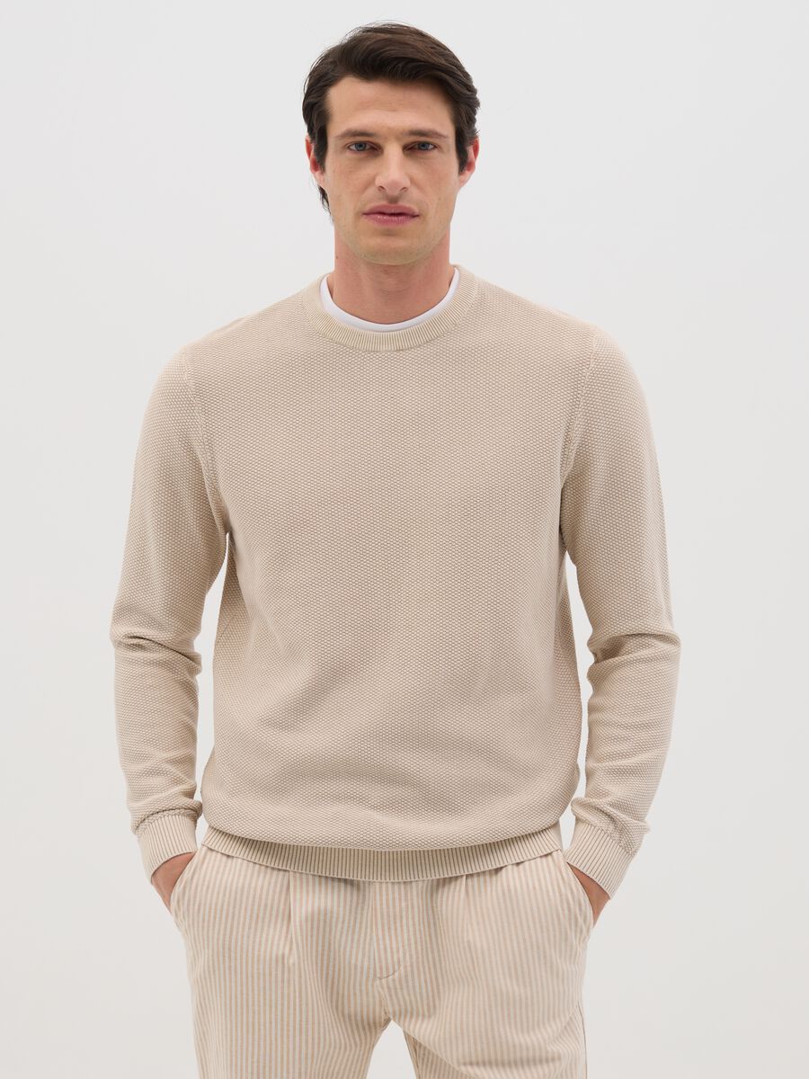Beige Cotton Crew Neck Jumper_0