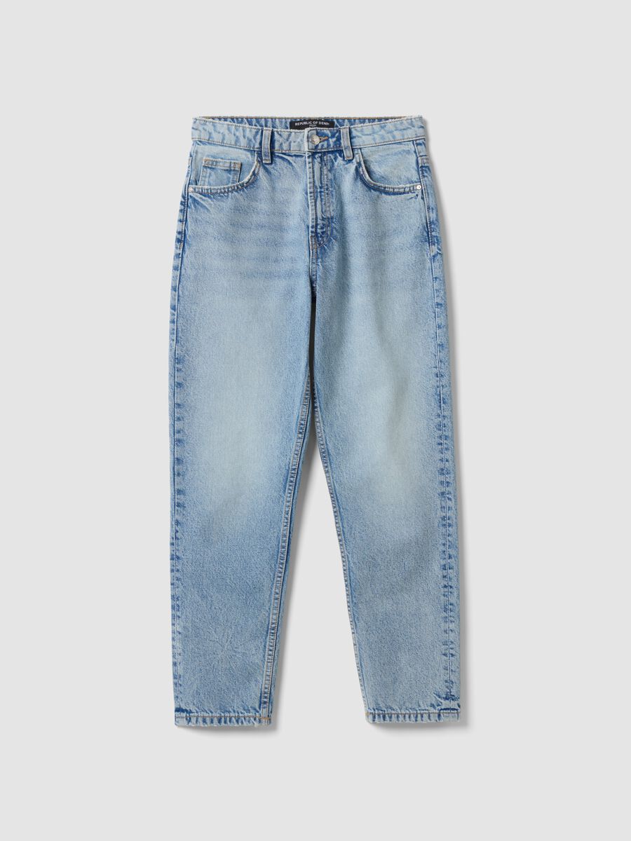 Jeans denim mom fit in puro cotone a vita alta_4