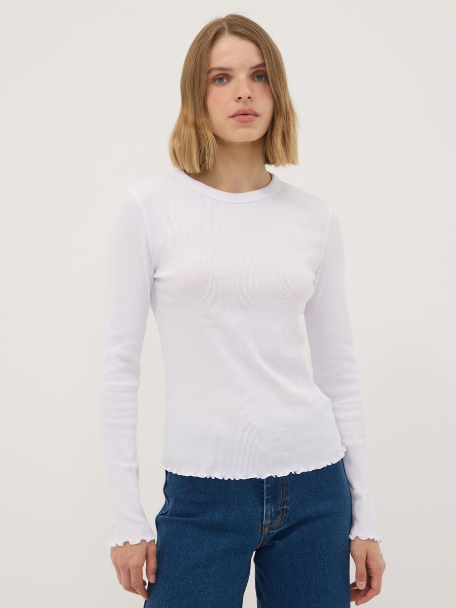 T-shirt bianca in puro cotone a maniche lunghe girocollo regular fit_0