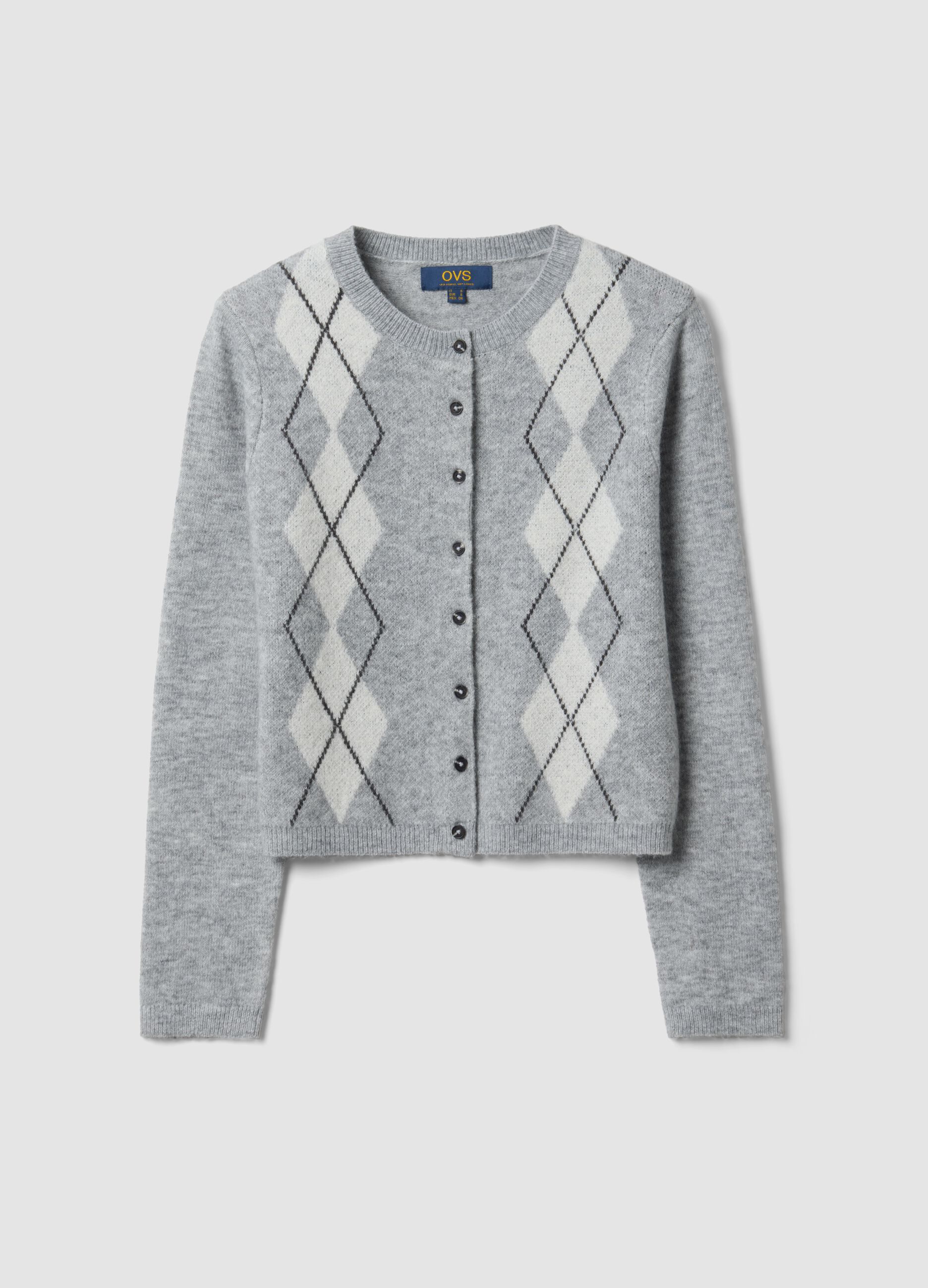 Grey jacquard stretch wool crew-neck cardigan, regular fit