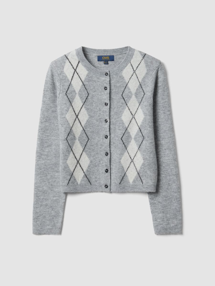 Cardigan grigio in lana elasticizzata jacquard girocollo regular fit_4