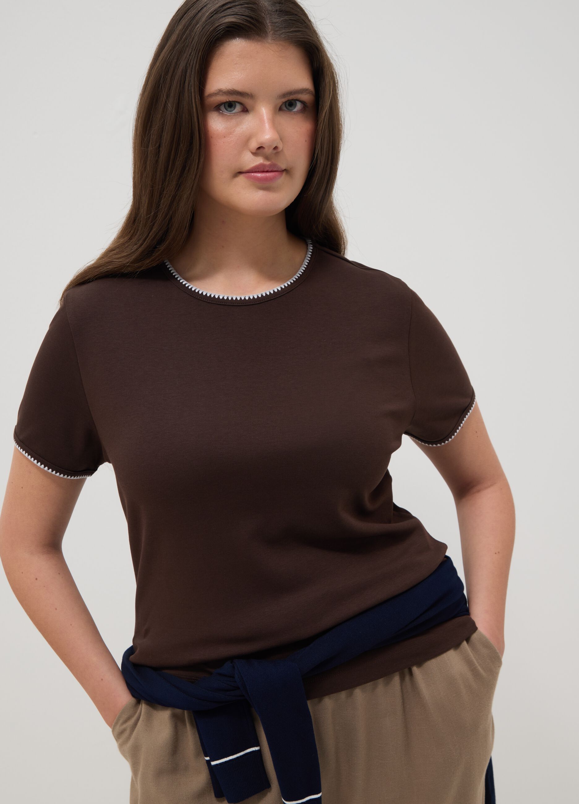 Brown pure cotton short-sleeve T-shirt, regular fit