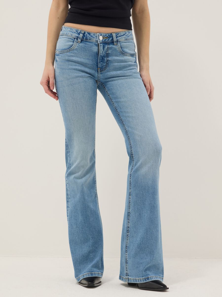 Light blue stretch cotton denim flare trousers_1