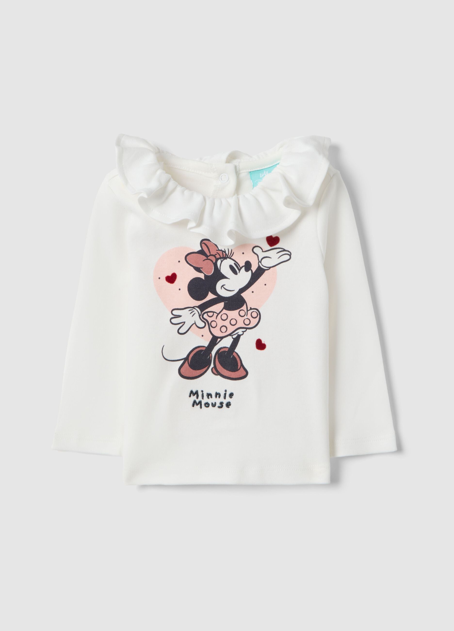Maglia in puro cotone bianco da neonata con Minnie e collo arricciato
