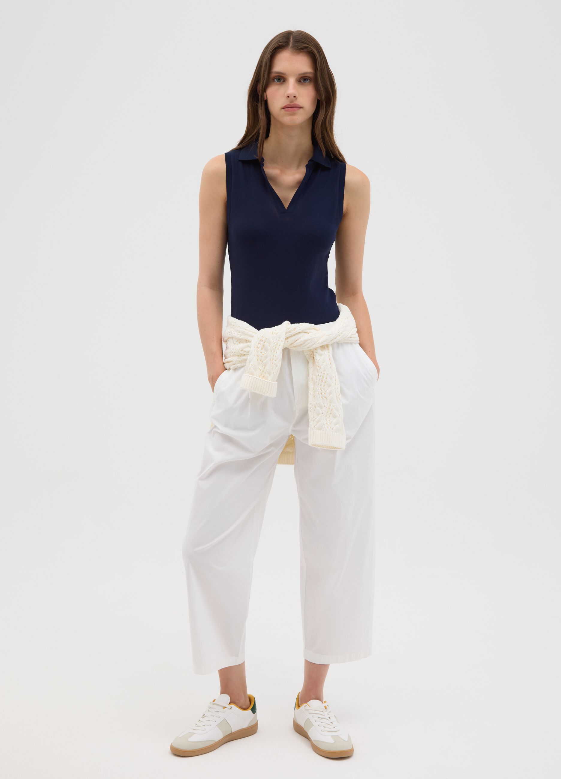 Women's white stretch cotton trousers regular fit