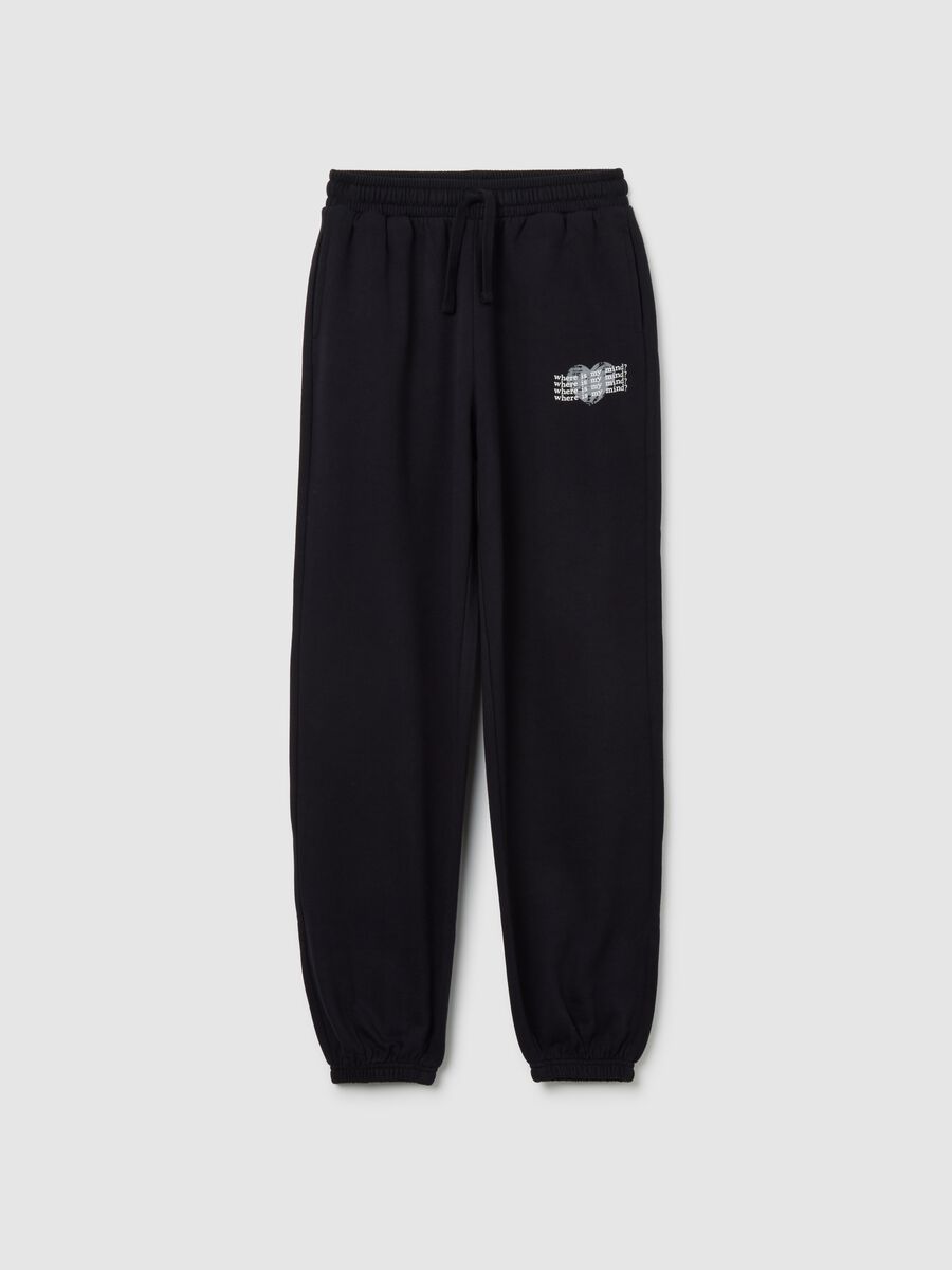 Girls' black jogger pants in pure cotton regular fit with print_0
