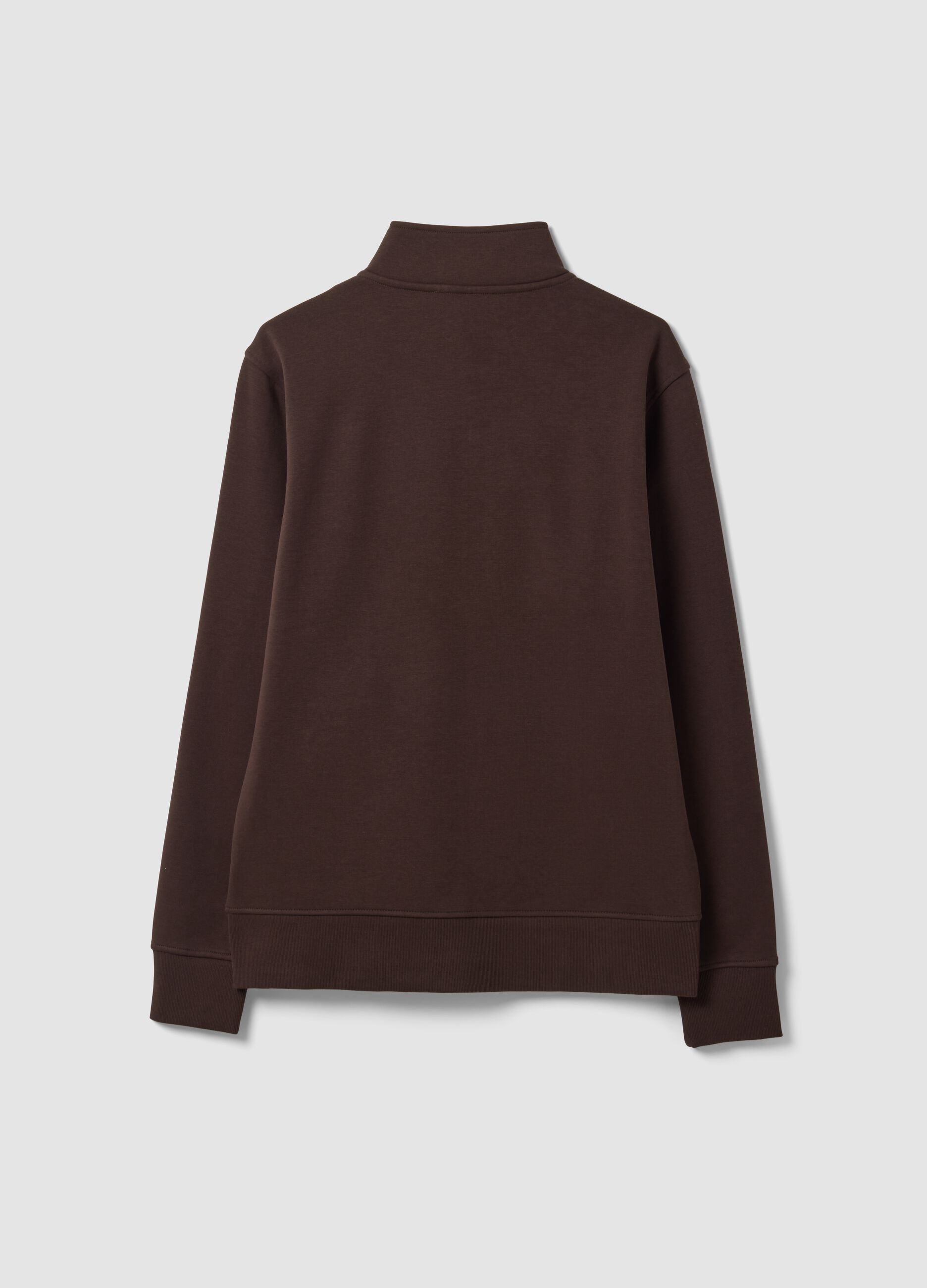 Brown cotton-blend sweatshirt with crew neck and zip, regular fit