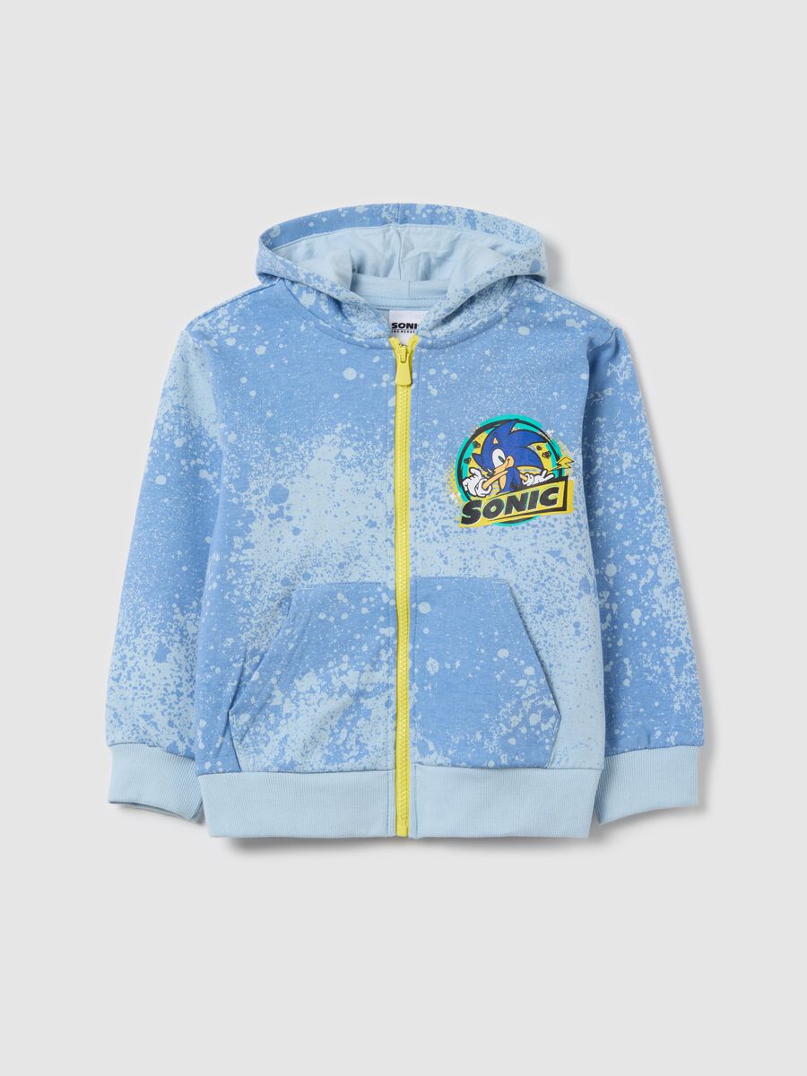 Full-zip sweatshirt in French terry with hood and Sonic print_0