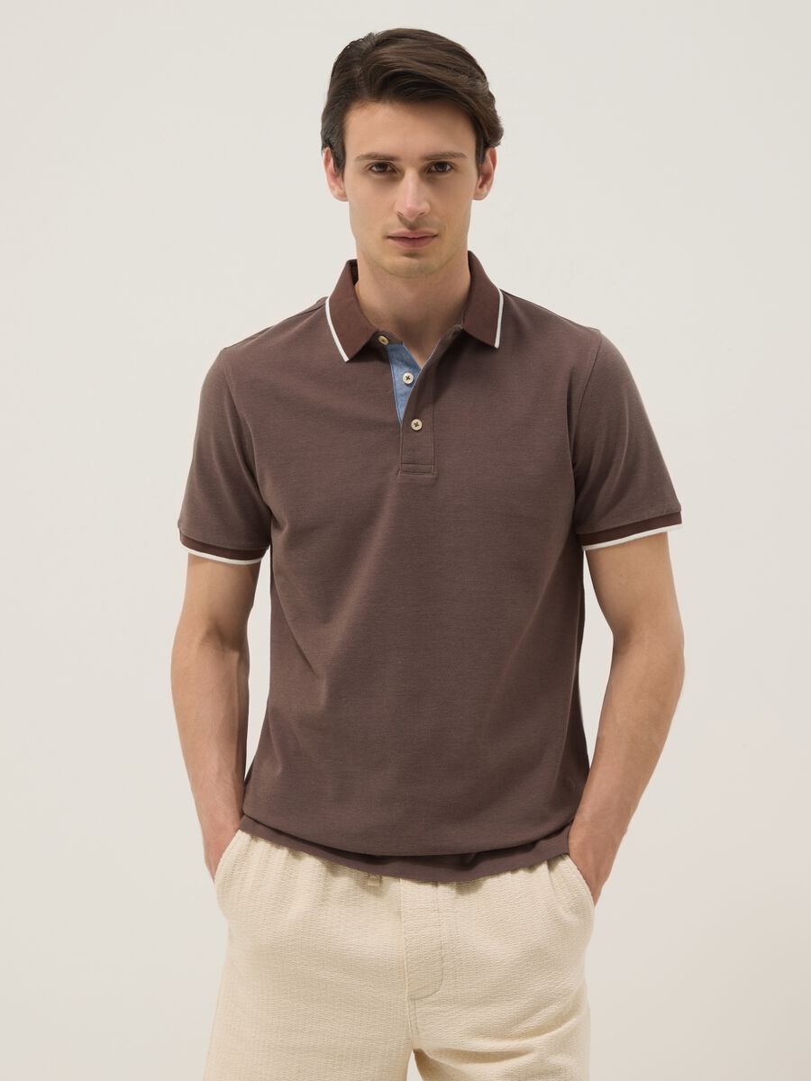 Brown pure cotton polo shirt with classic collar_0