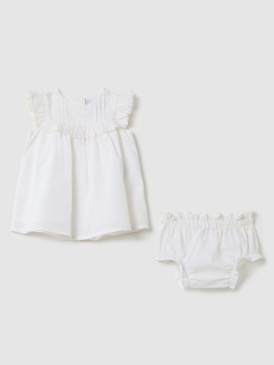 Set vestitino e culotte bianchi in cotone con dettagli arricciati_0