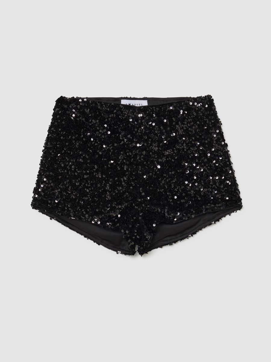 Regular fit black velour shorts with sequins_4