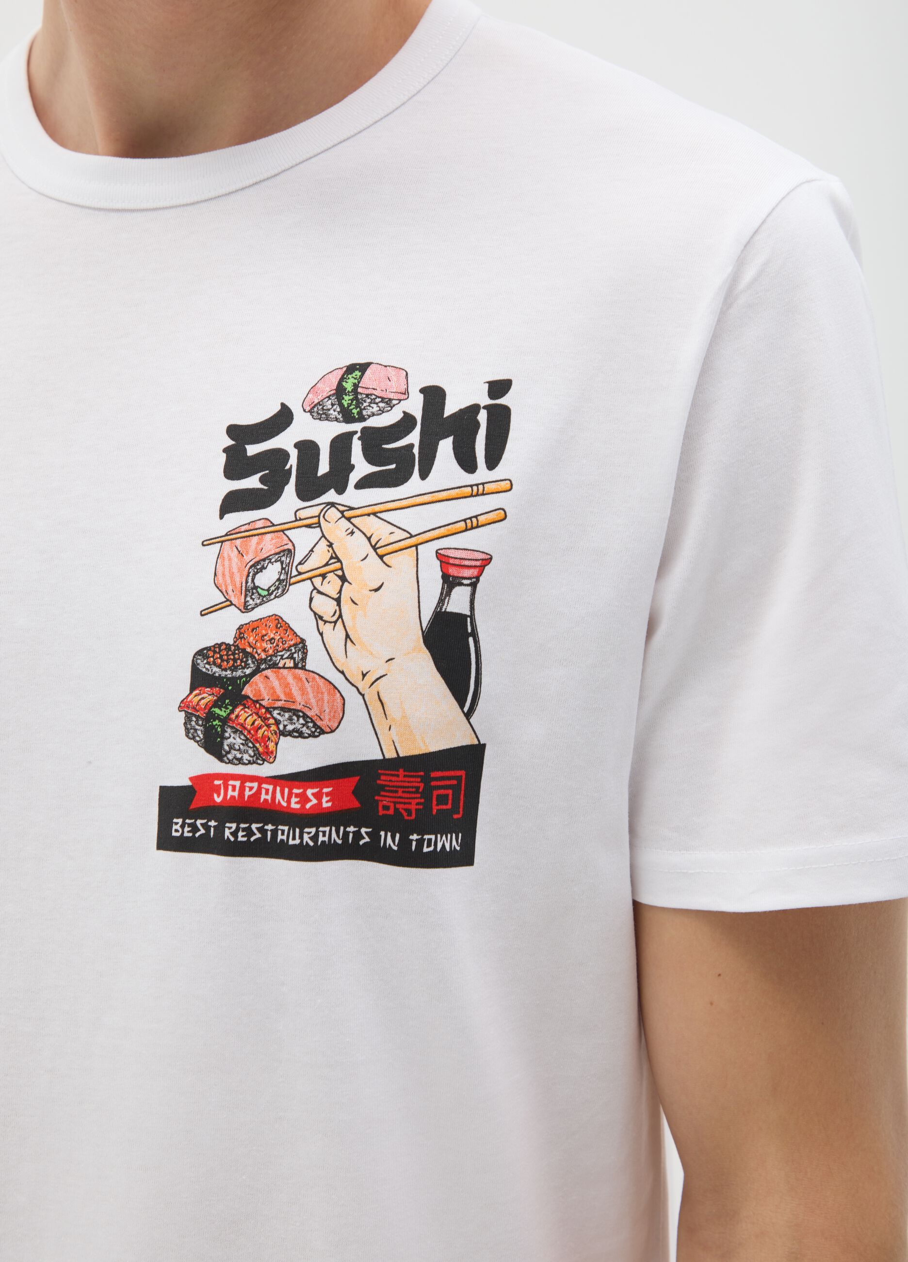 White pure cotton t-shirt regular fit with sushi print