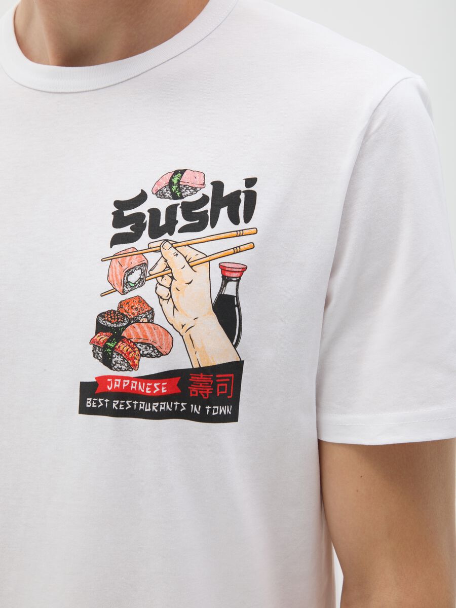 White pure cotton t-shirt regular fit with sushi print_2