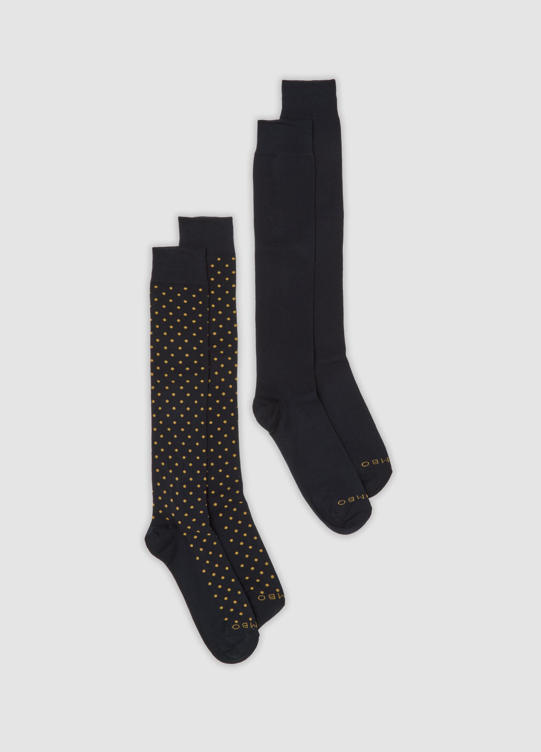 Two-pack of navy blue and golden yellow long socks in stretch cotton