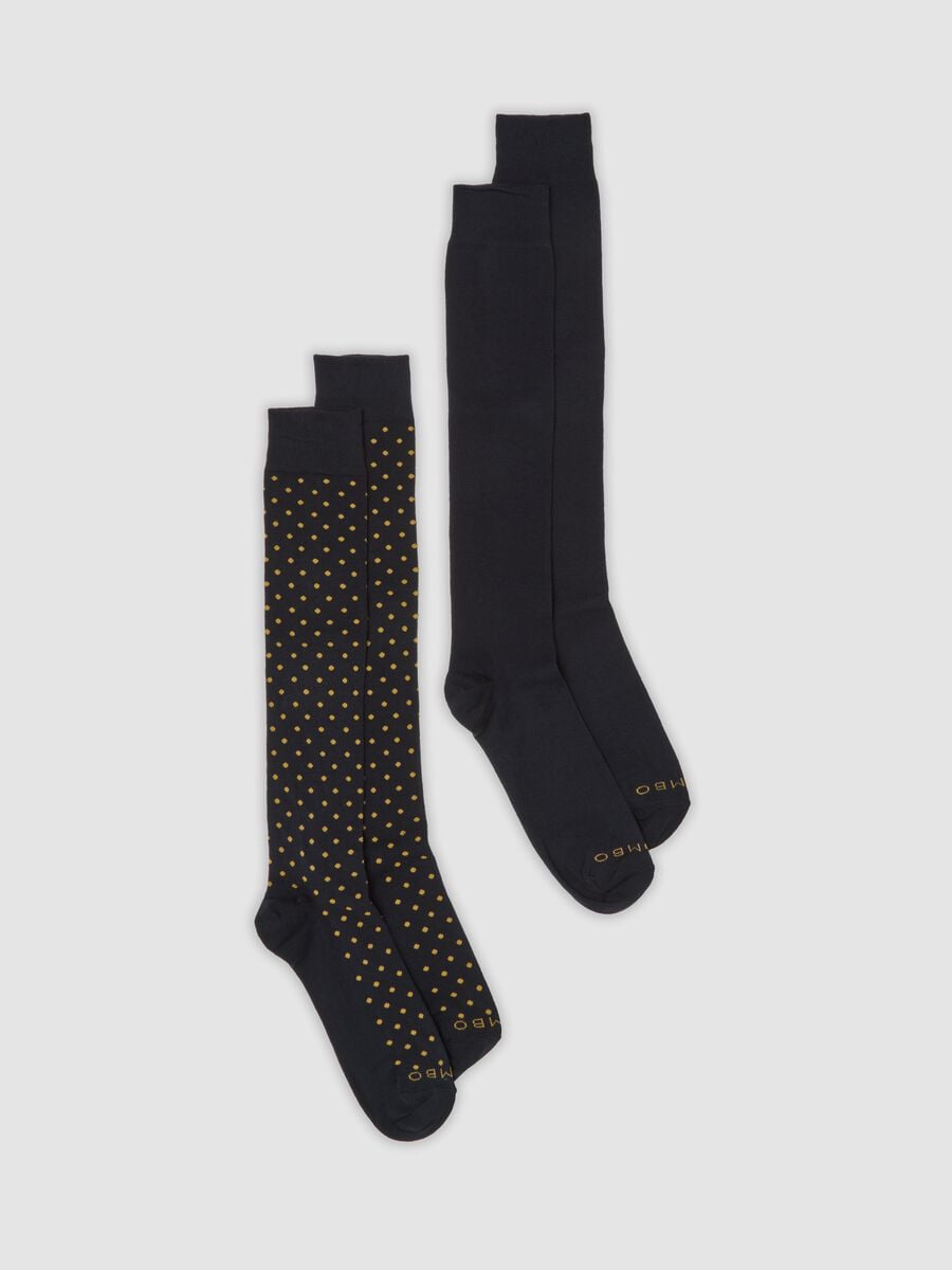 Two-pack of navy blue and golden yellow long socks in stretch cotton_0