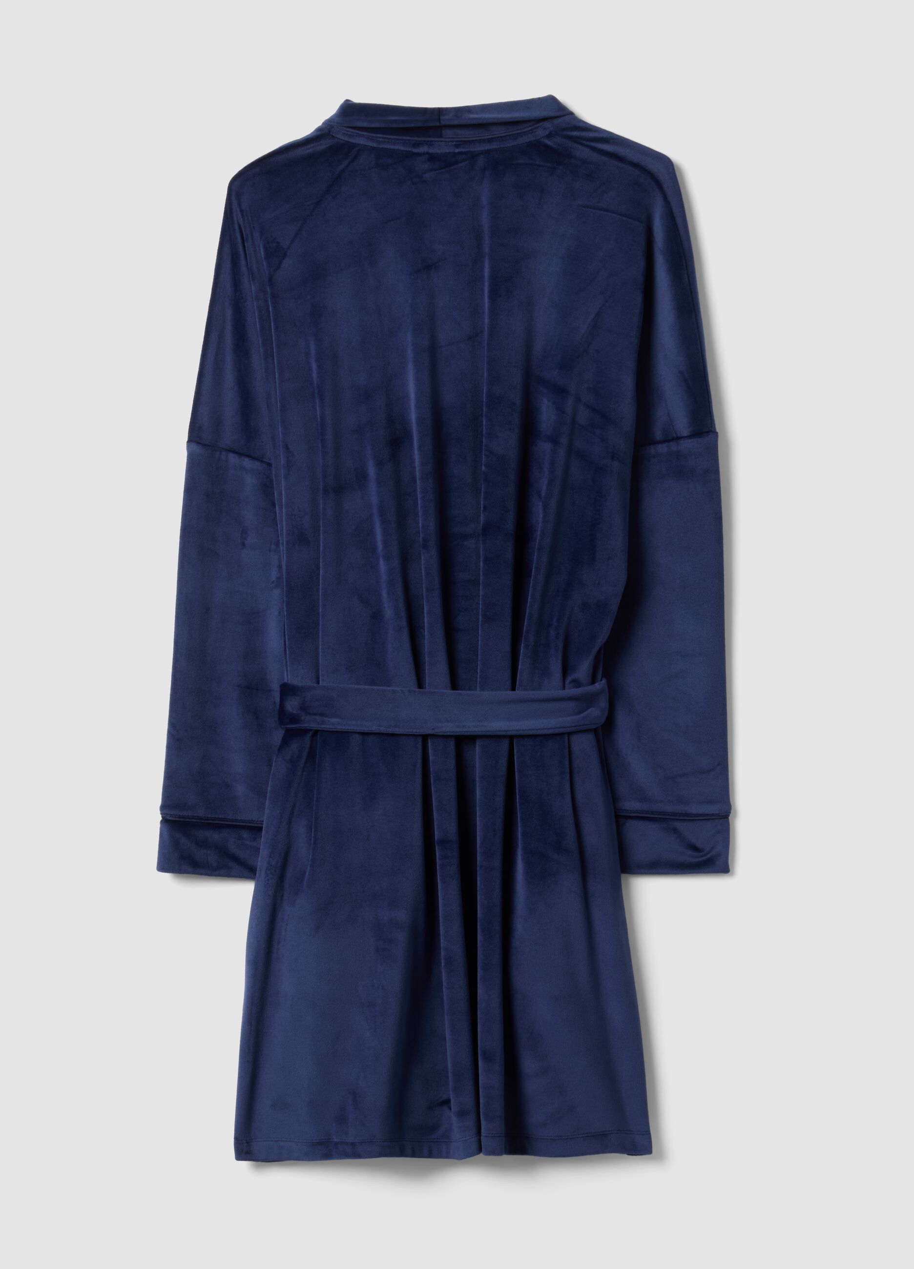 Blue stretch-fabric dressing gown with belt