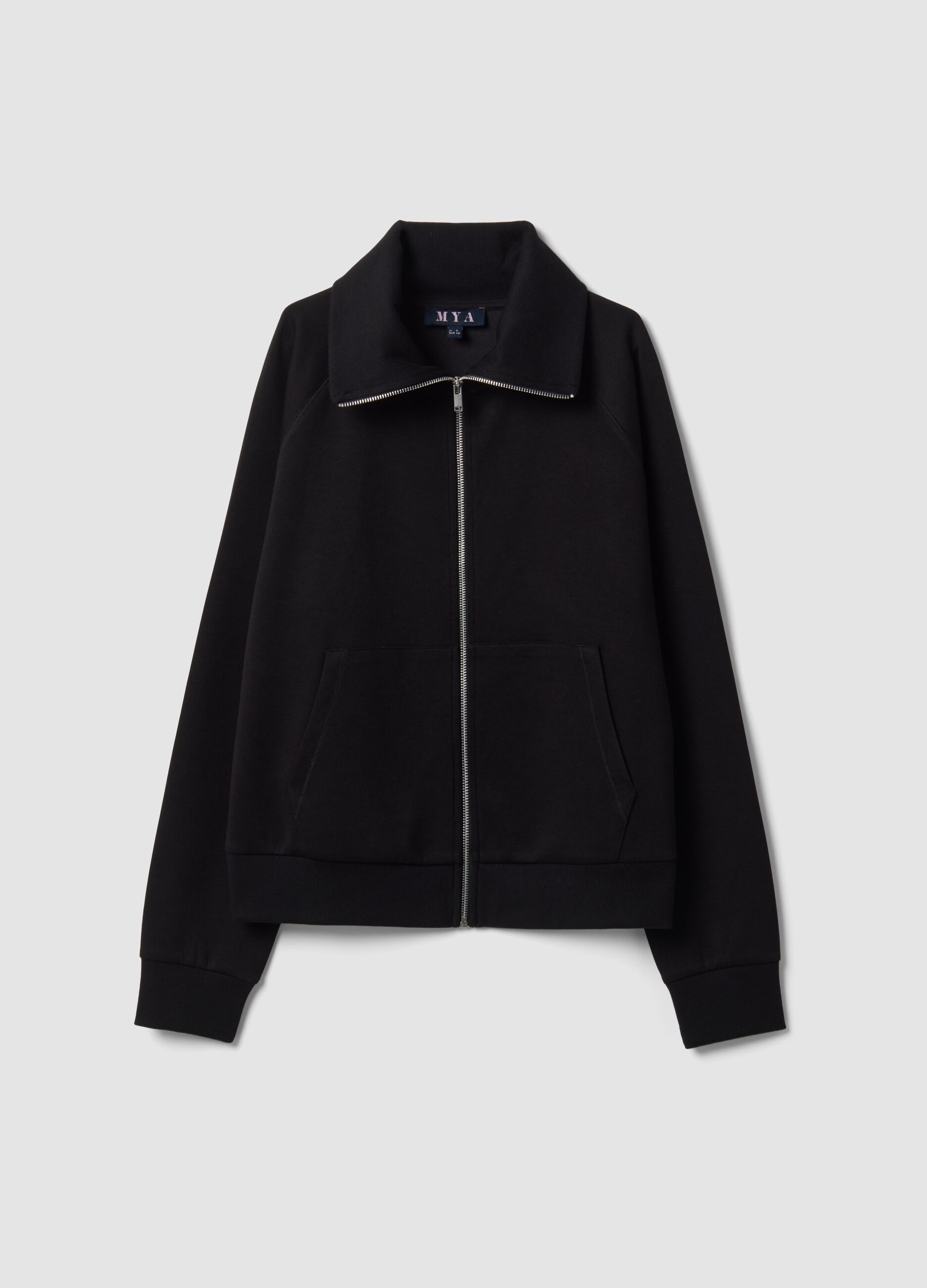 Black stretch viscose hoodie with turtleneck collar, regular fit