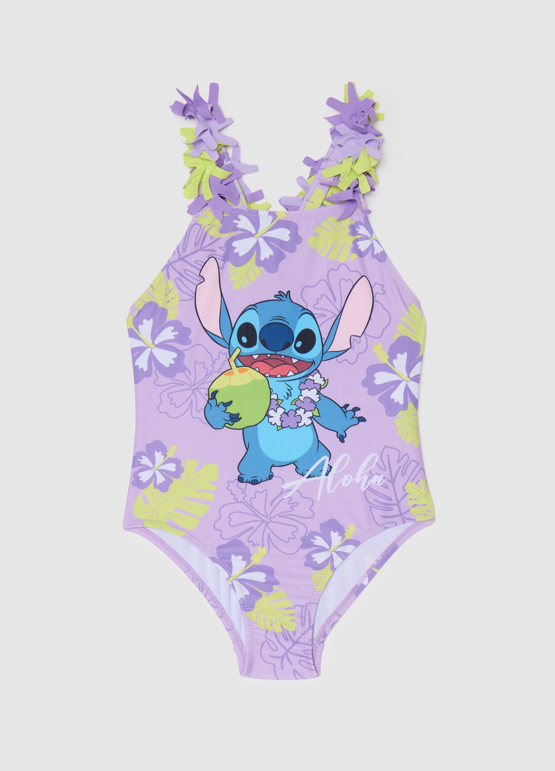 Girls’ one-piece swimsuit in multicoloured stretch fabric with floral details