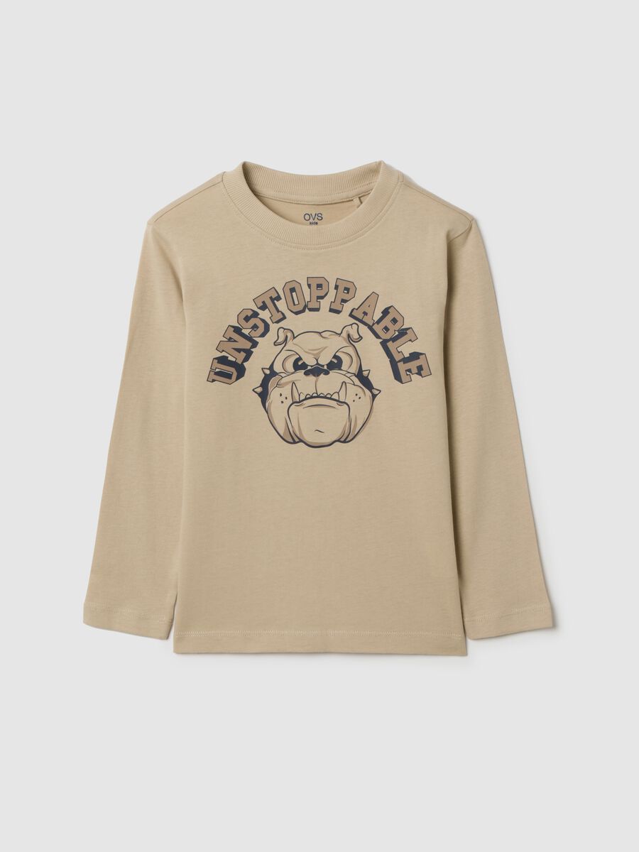 Children's beige pure cotton regular fit T-shirt with print_0