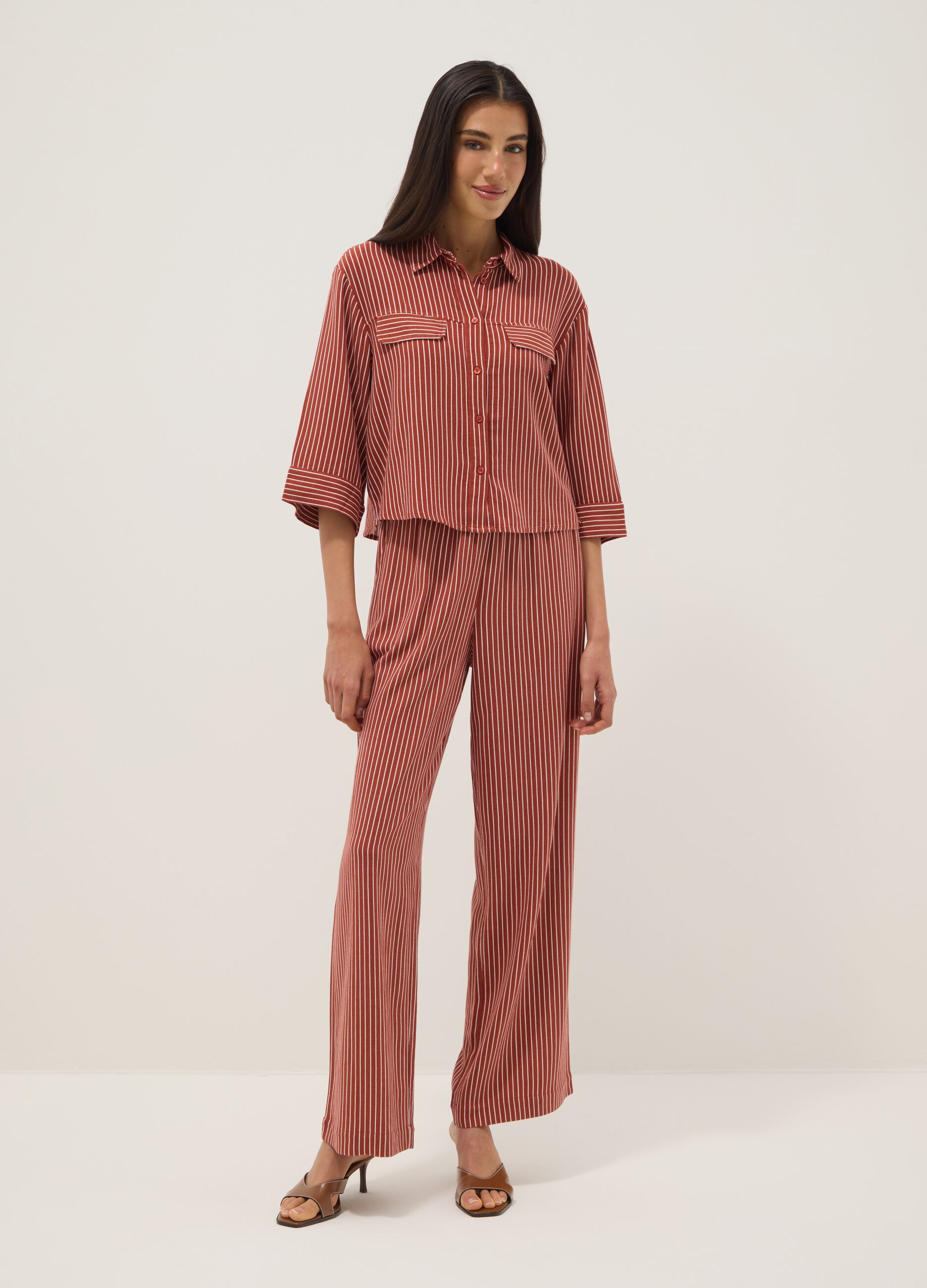 Red and white striped viscose and linen-blend straight-fit trousers