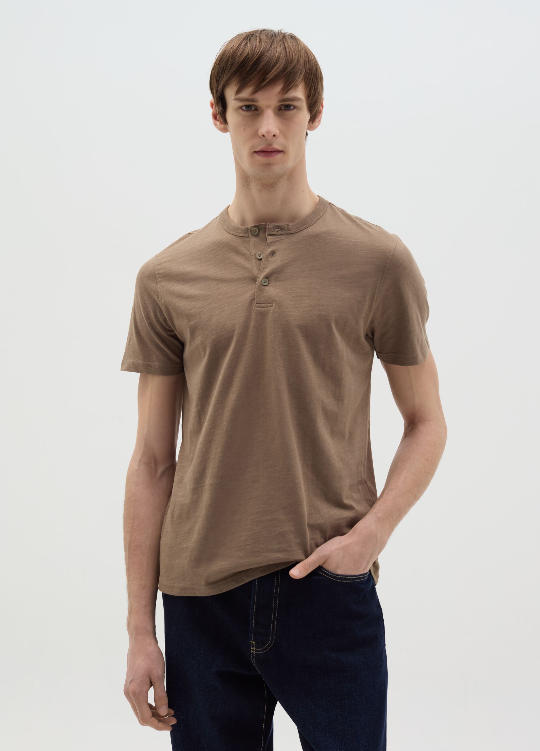 Cotton T-shirt with granddad neckline