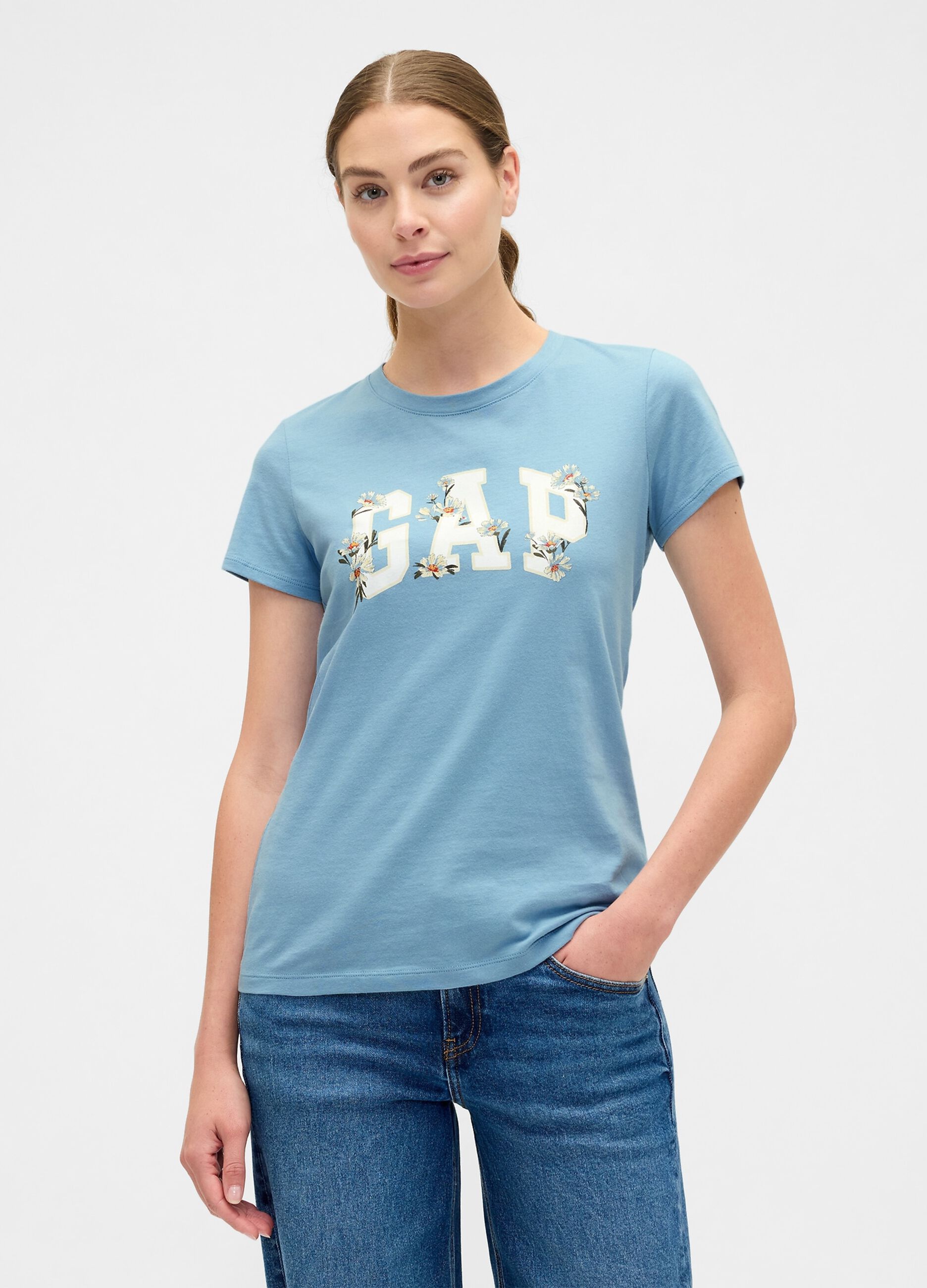 Blue short-sleeved cotton T-shirt