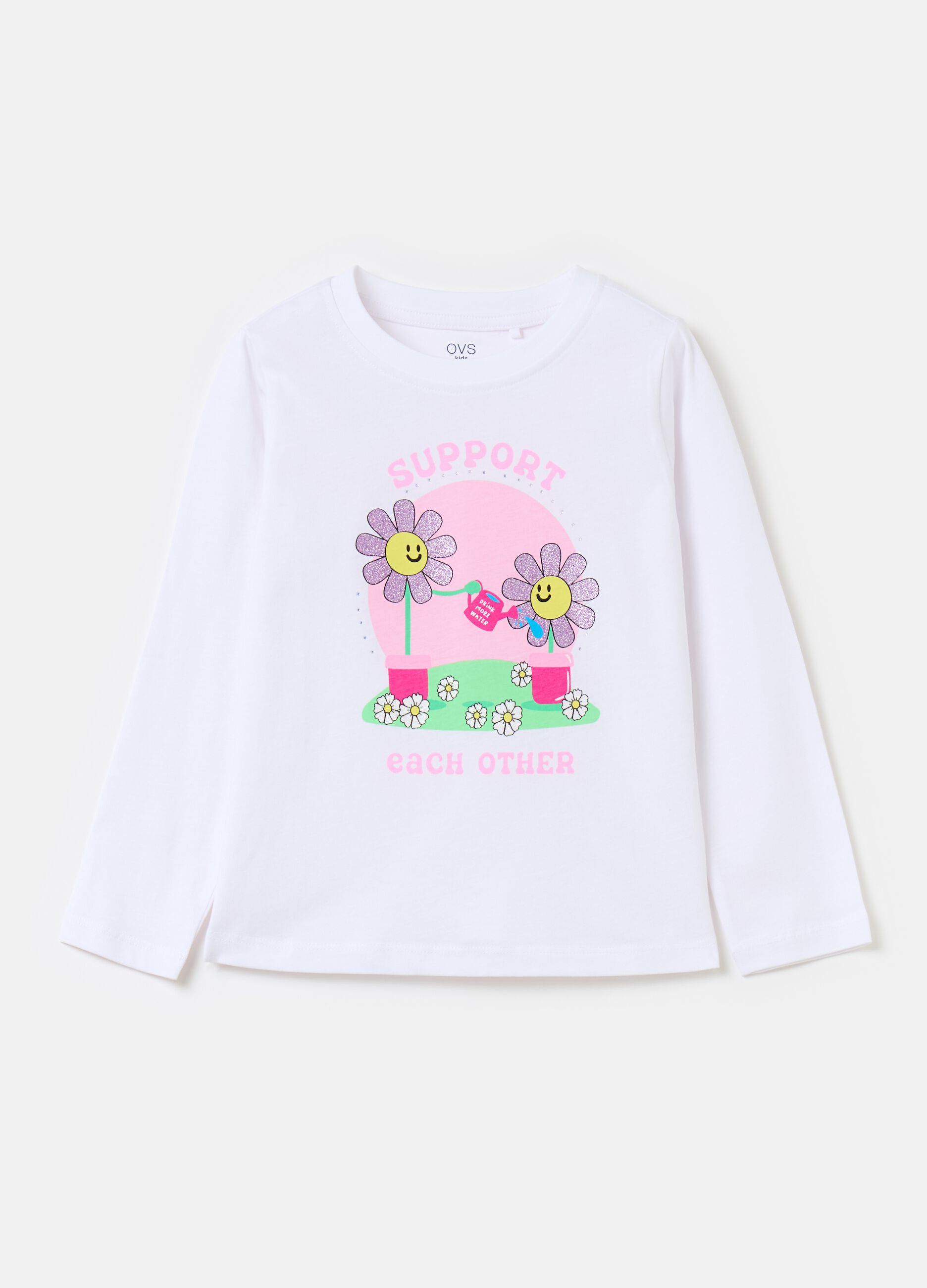 Long-sleeved T-shirt with diamantés and print