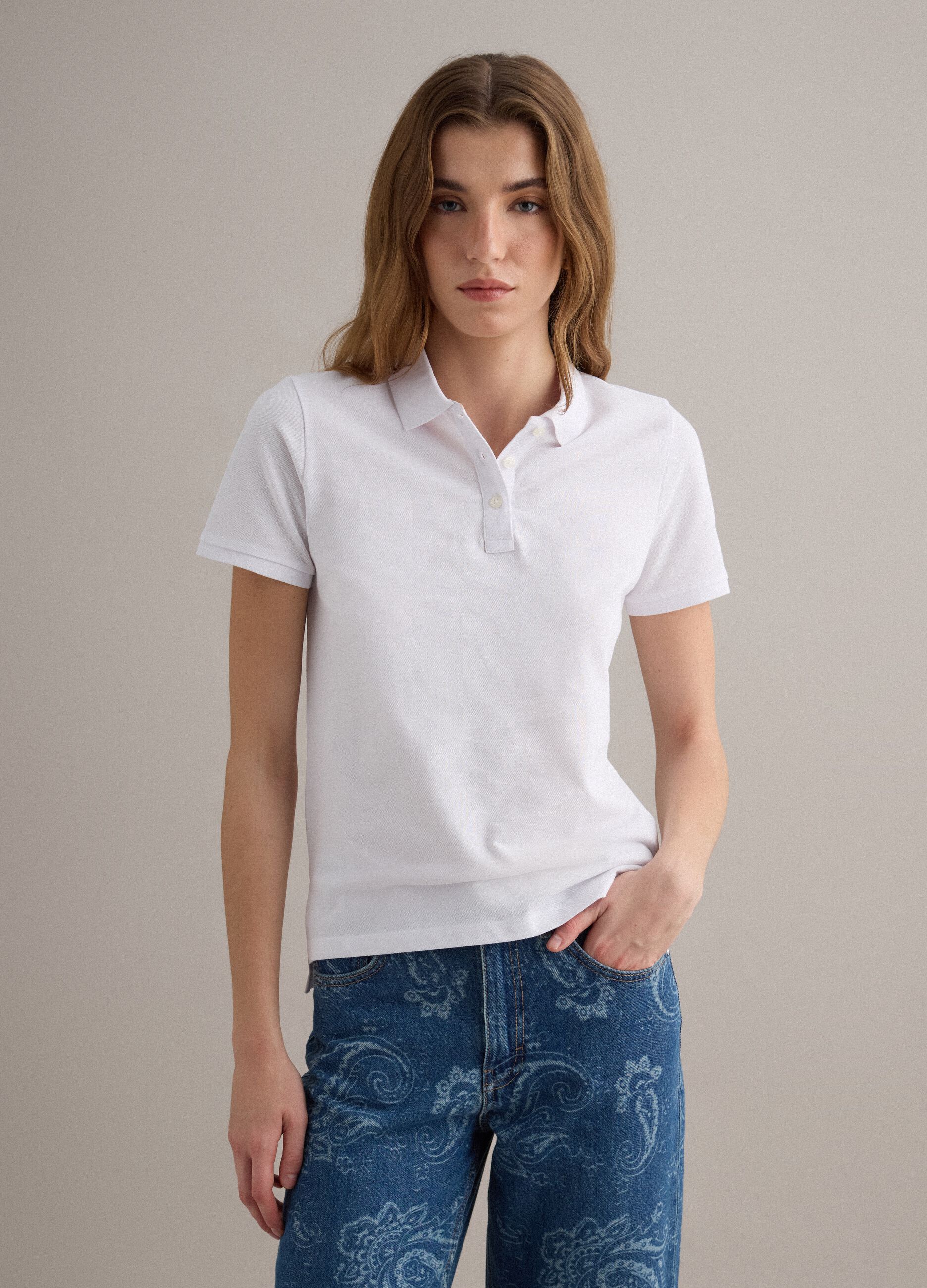White short-sleeve pure cotton polo shirt, regular fit