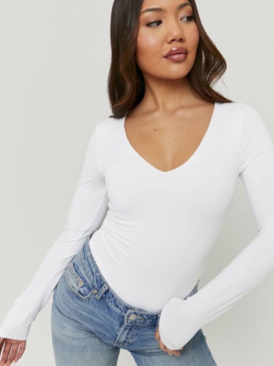 T-shirt bianca deep V a maniche lunghe in puro cotone regular fit_1