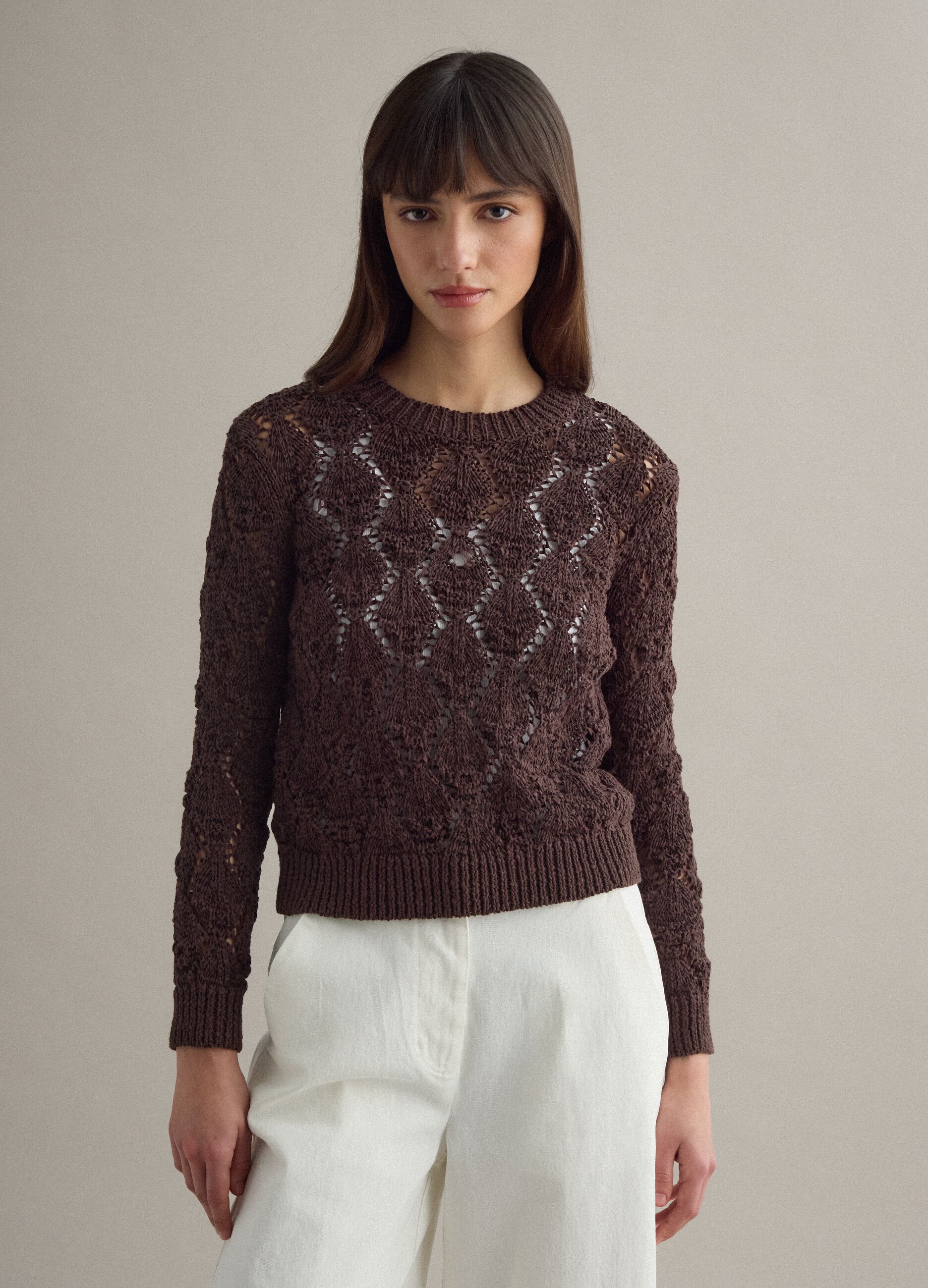 Brown regular fit cotton-blend jumper with a knitted pattern
