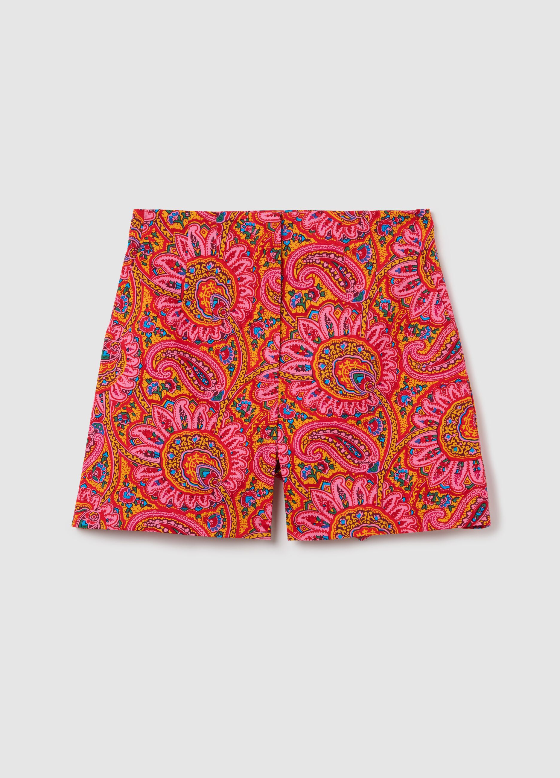 Pink and orange stretch cotton shorts with paisley print