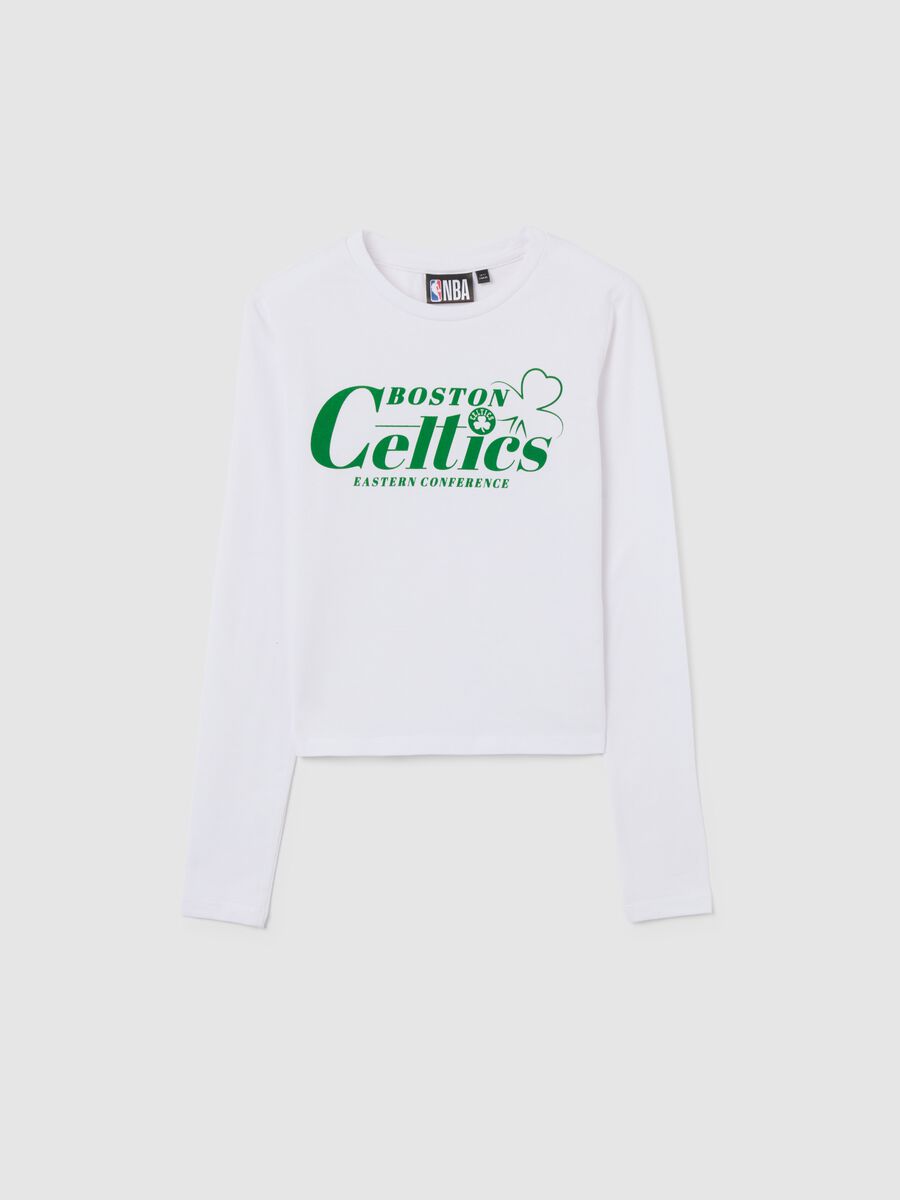 T-shirt da ragazze in cotone elasticizzato bianca slim fit con logo Celtics_3