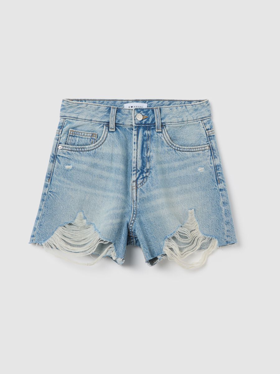 Light Denim Shorts with Distressed Details_4