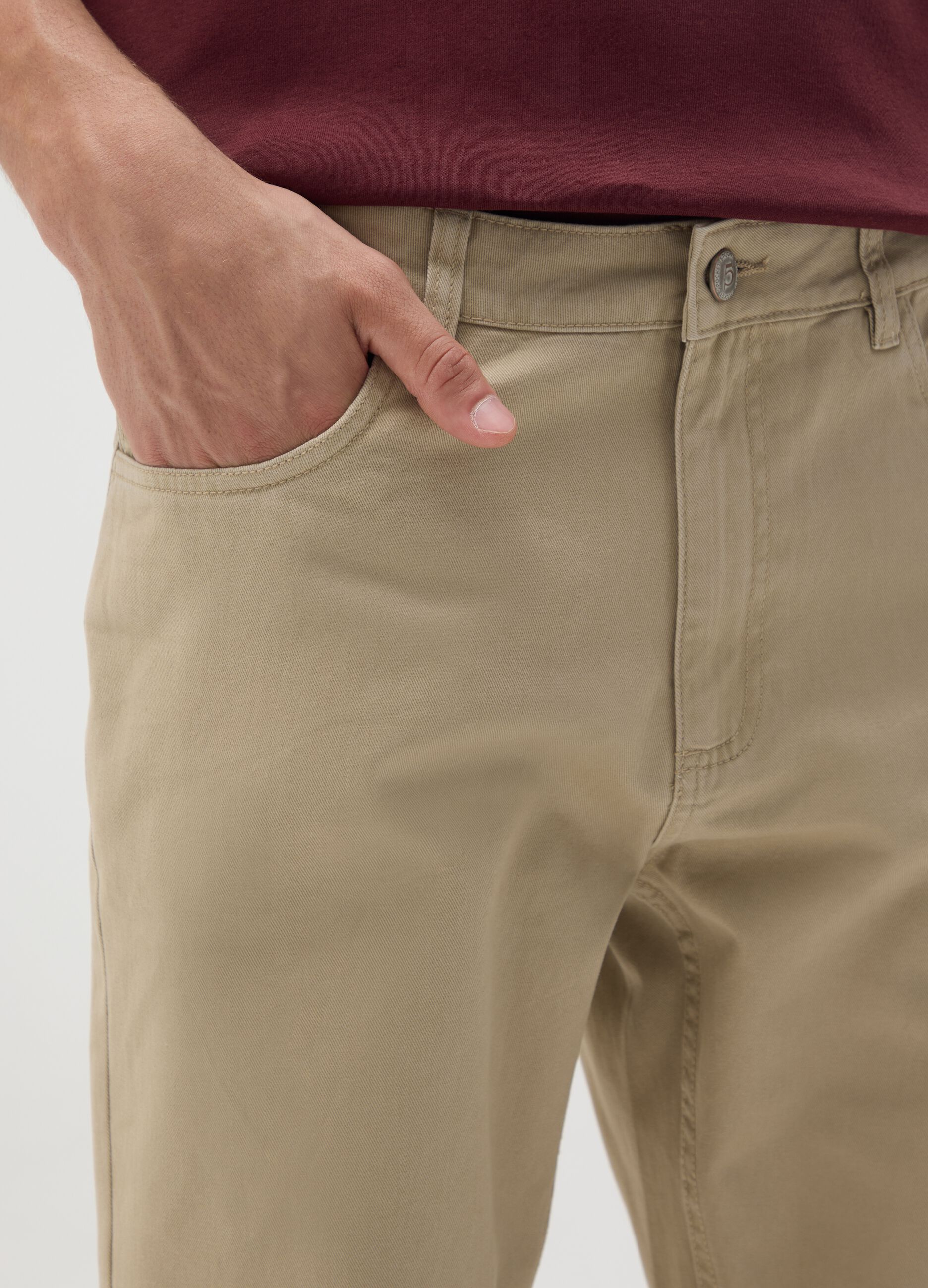 Beige pure cotton regular fit trousers