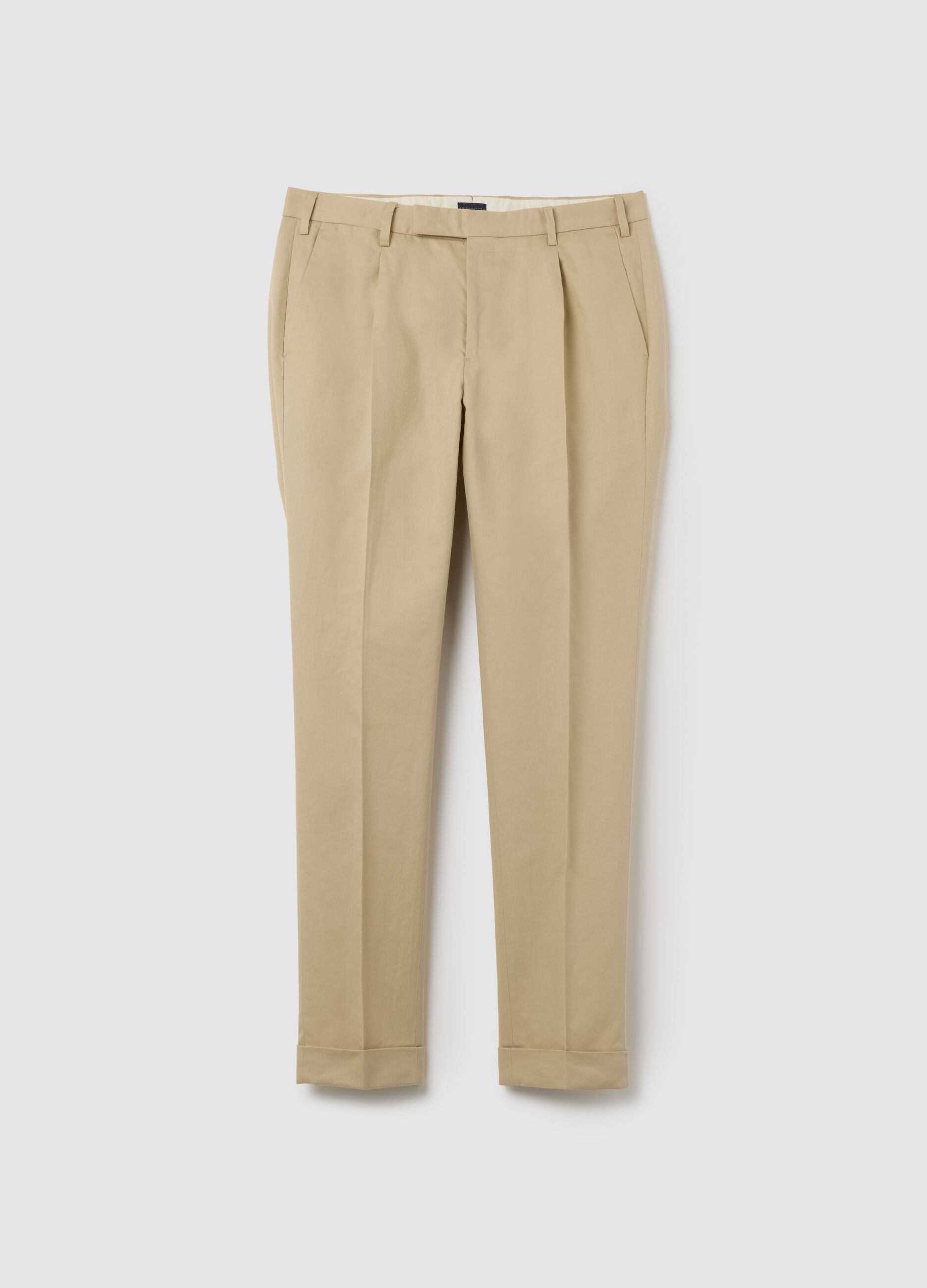 Pantaloni da uomo in cotone e lino beige regular fit