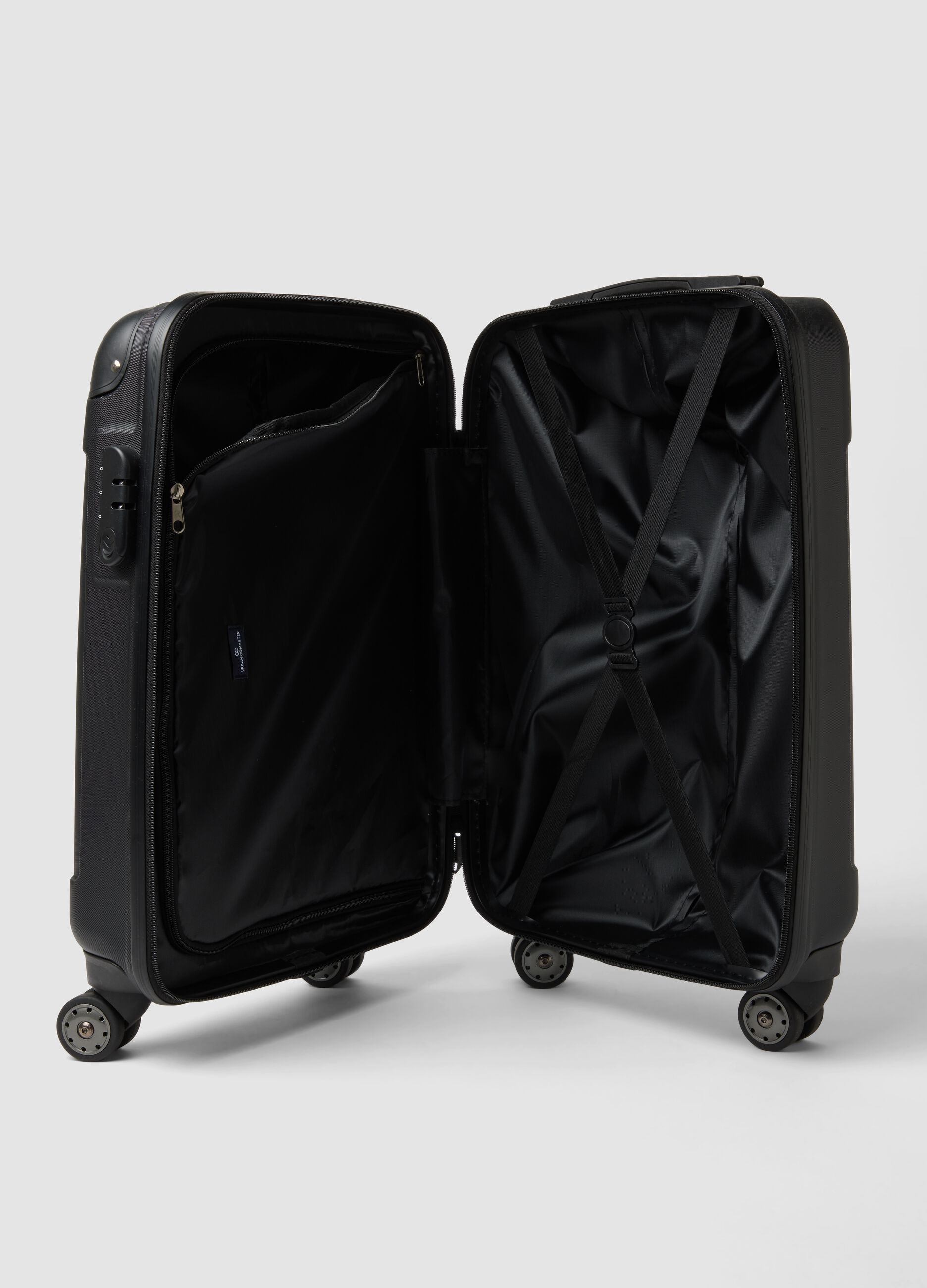 Black hard-shell travel suitcase with wheels