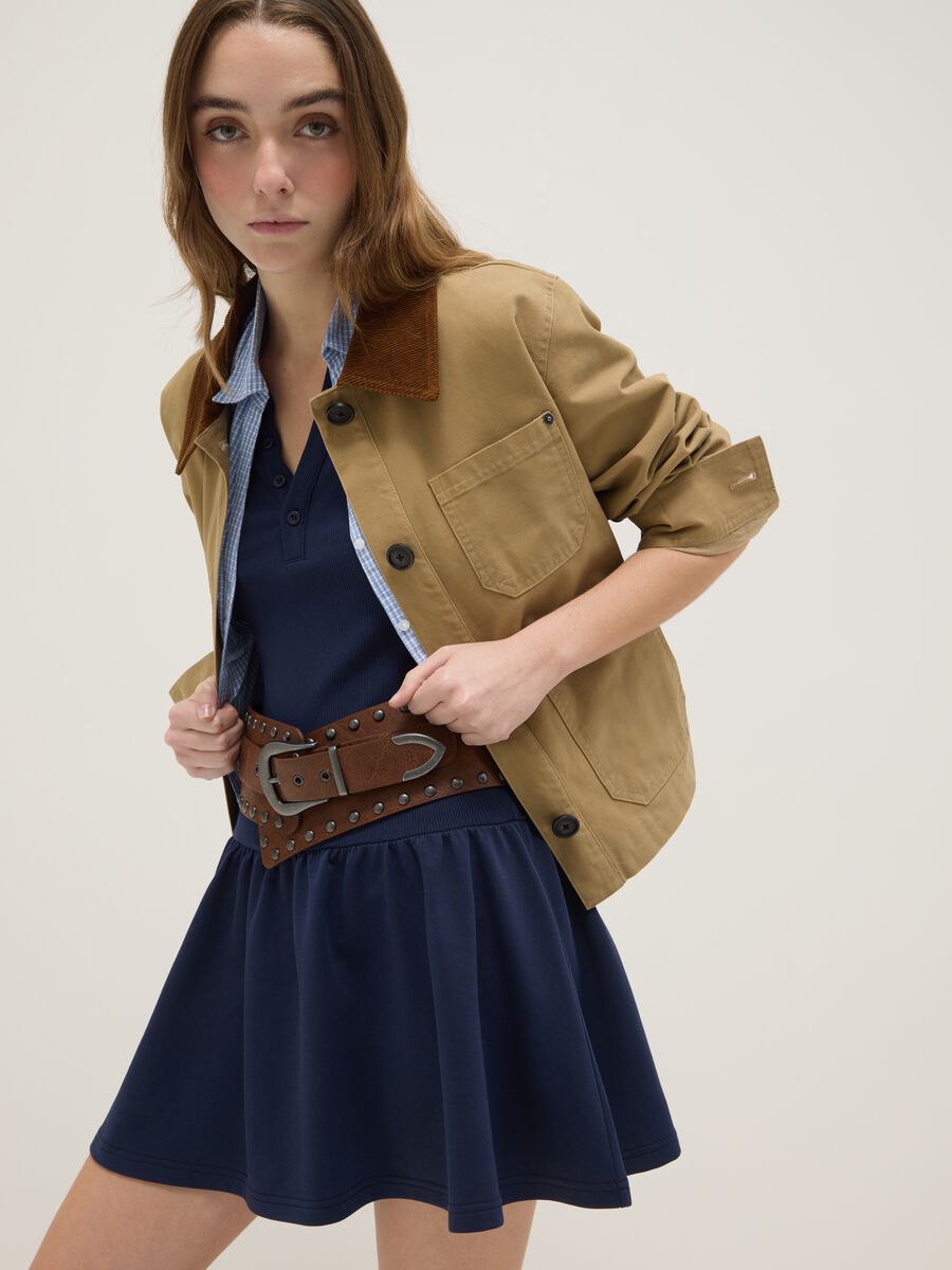 Blue regular fit stretch cotton dress with V-neck_0