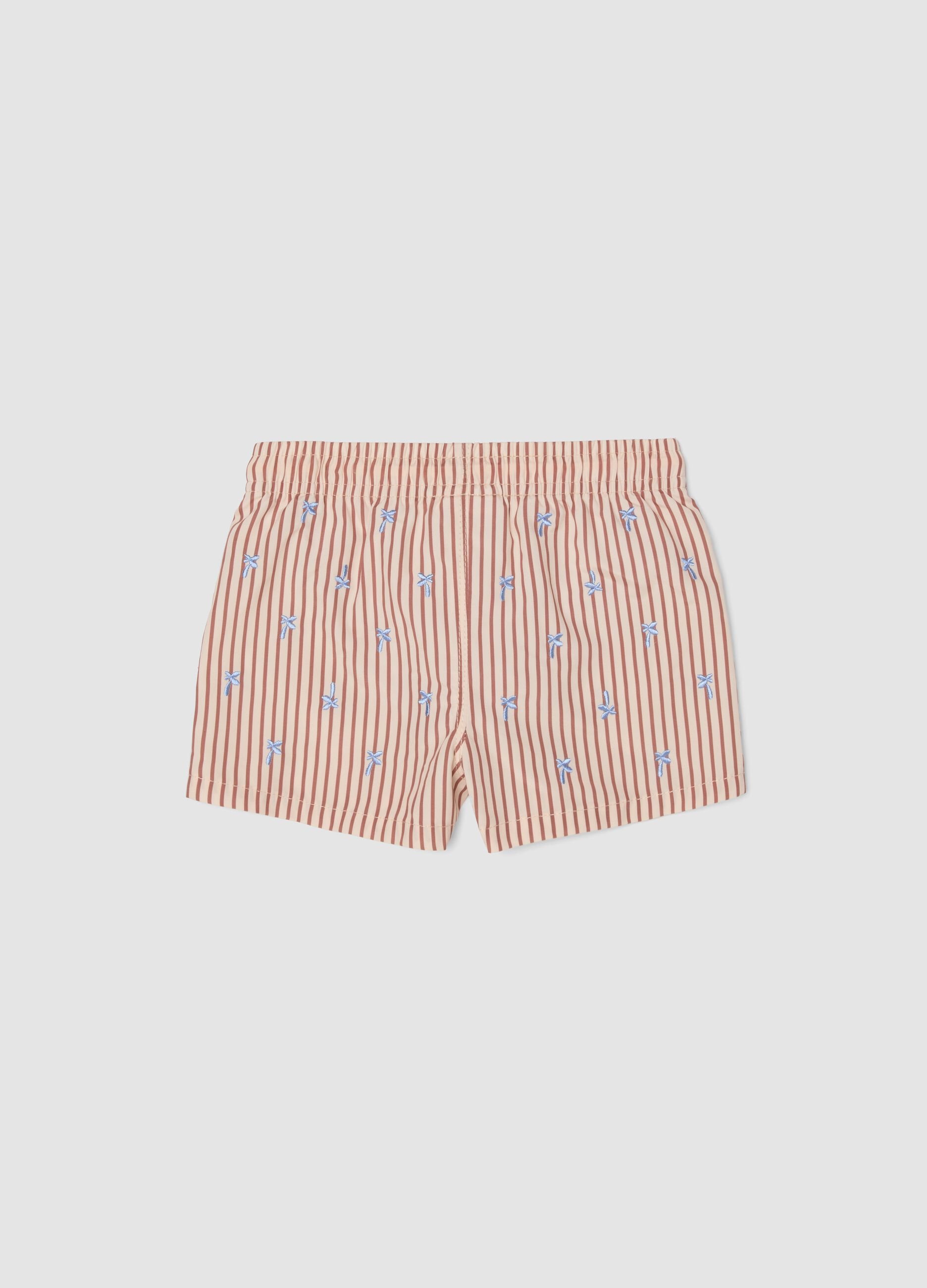 Baby Pink Striped Boxer Swim Shorts with Embroidery