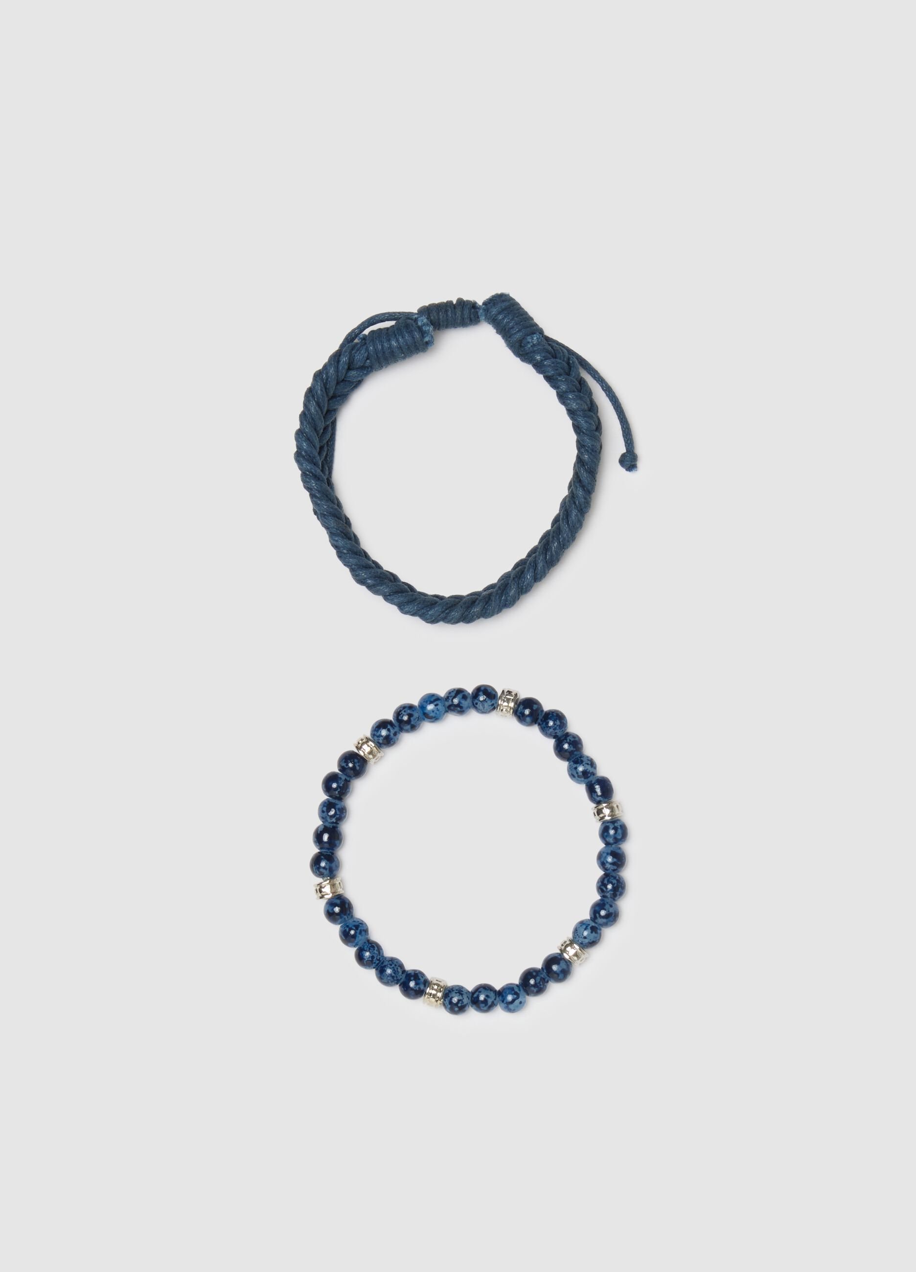 Blue bracelet twin pack with glass beads and woven design
