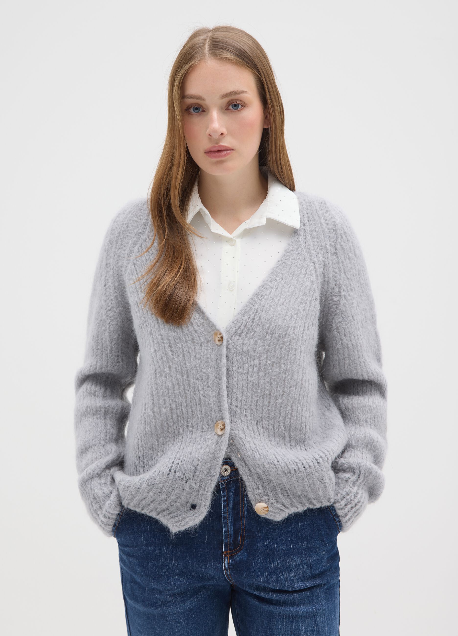 Grey V-neck cardigan in mohair and wool regular fit