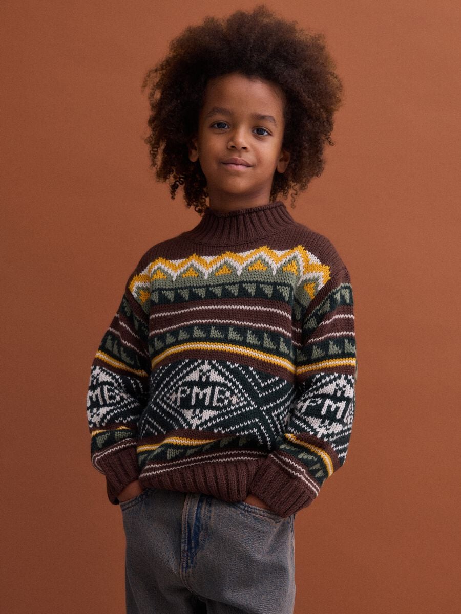 Maglione multicolor jacquard in misto lana con colletto rialzato regular fit_0