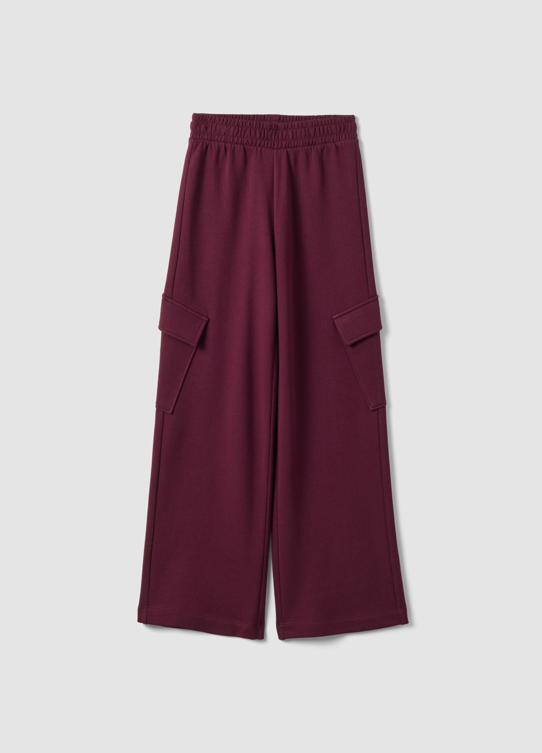Pantaloni viola in puro cotone wide leg con tasche cargo