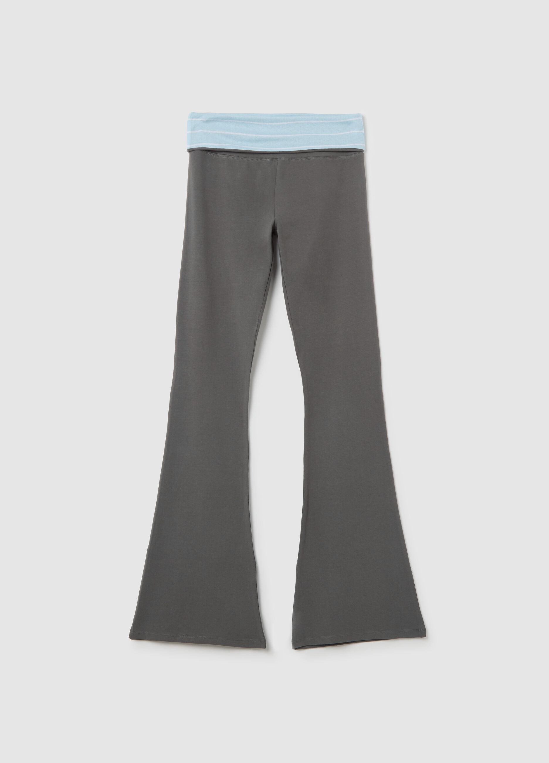 Grey flare-fit leggings with striped fold at the waist