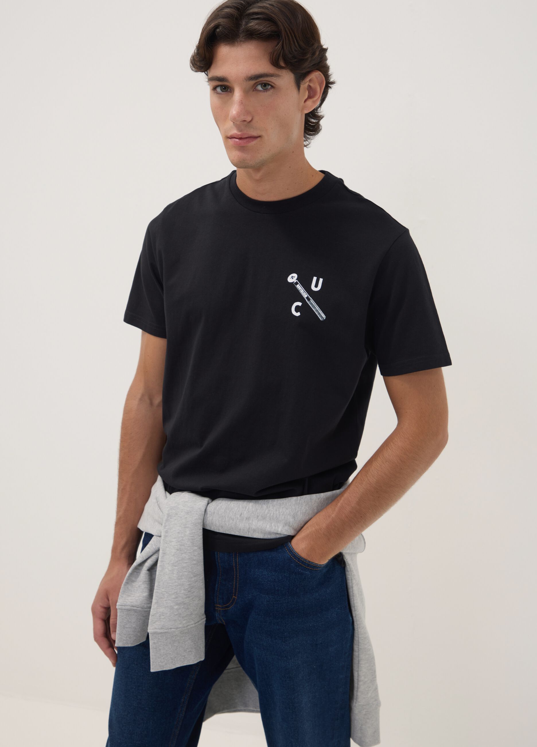 Black pure cotton crew-neck printed T-shirt