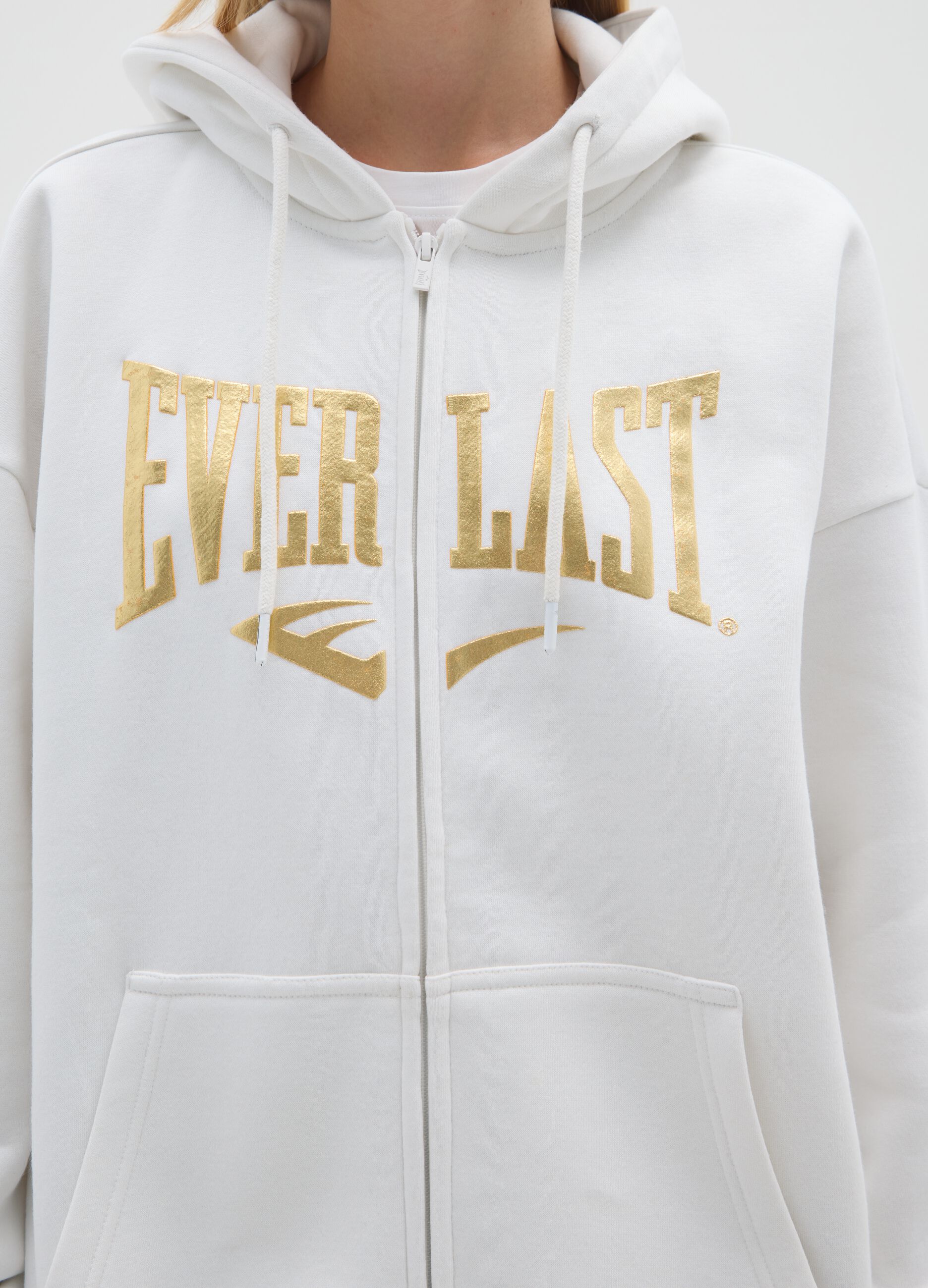White cotton-blend zip hoodie with print
