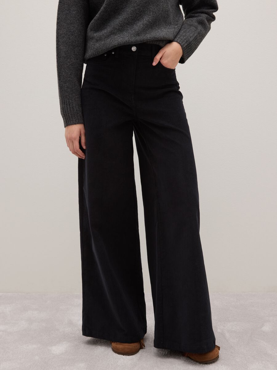 Black wide leg trousers in stretch cotton regular fit_1