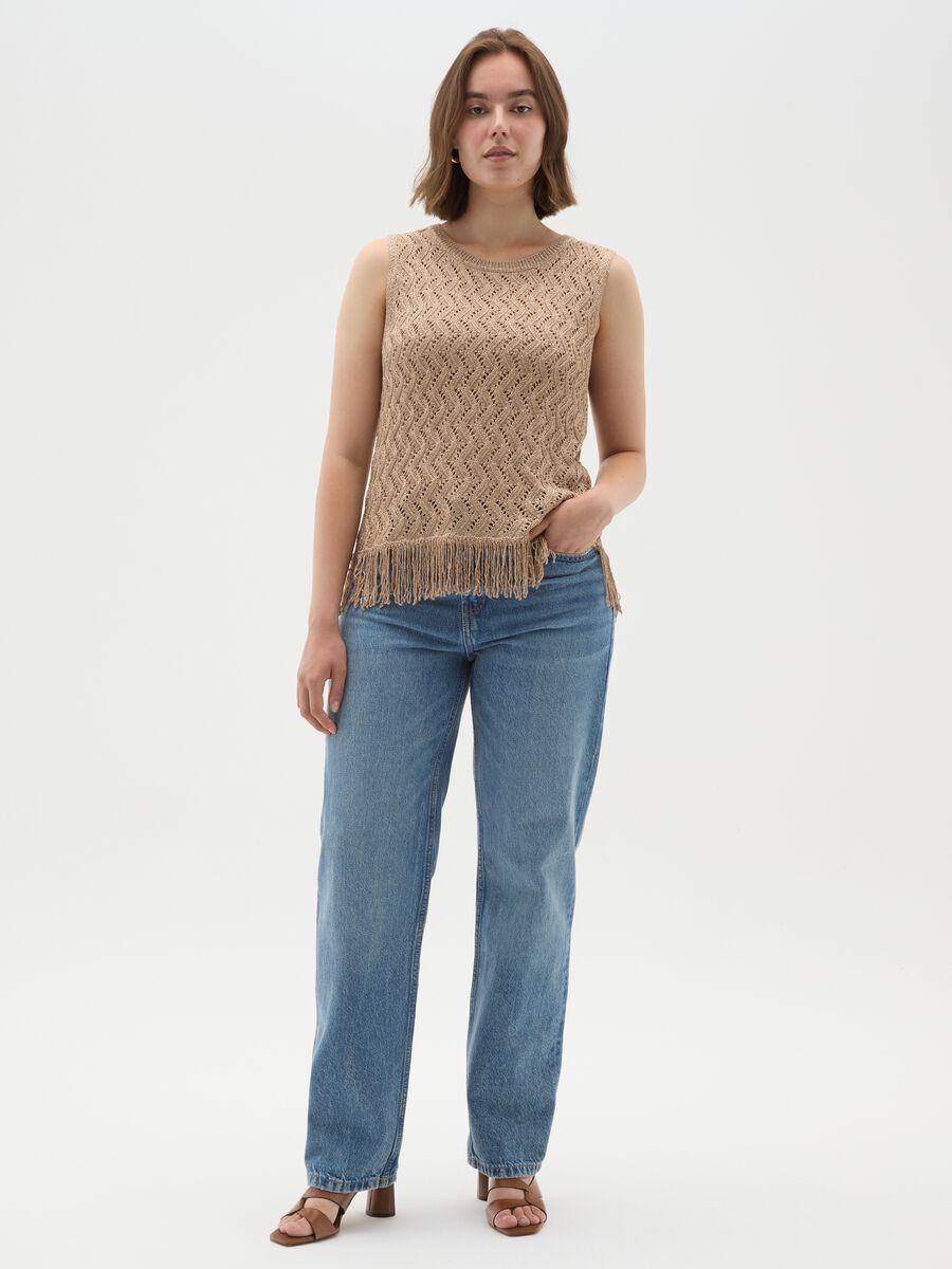 Brown knitted women's top regular fit with fringes_0